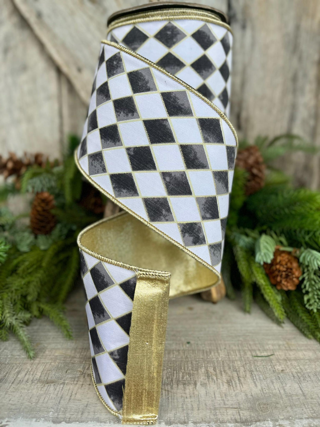 4" Harlequin ribbon, Black and White Jester Ribbon