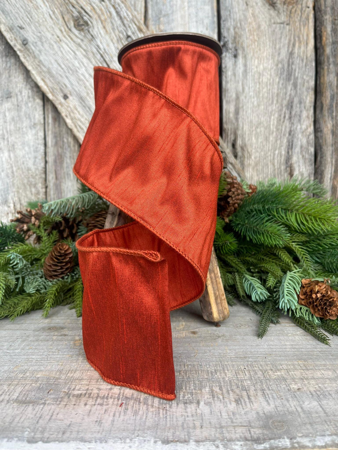 4" Rust Orange Dupioni Ribbon, Wired Ribbon, Fall Ribbon