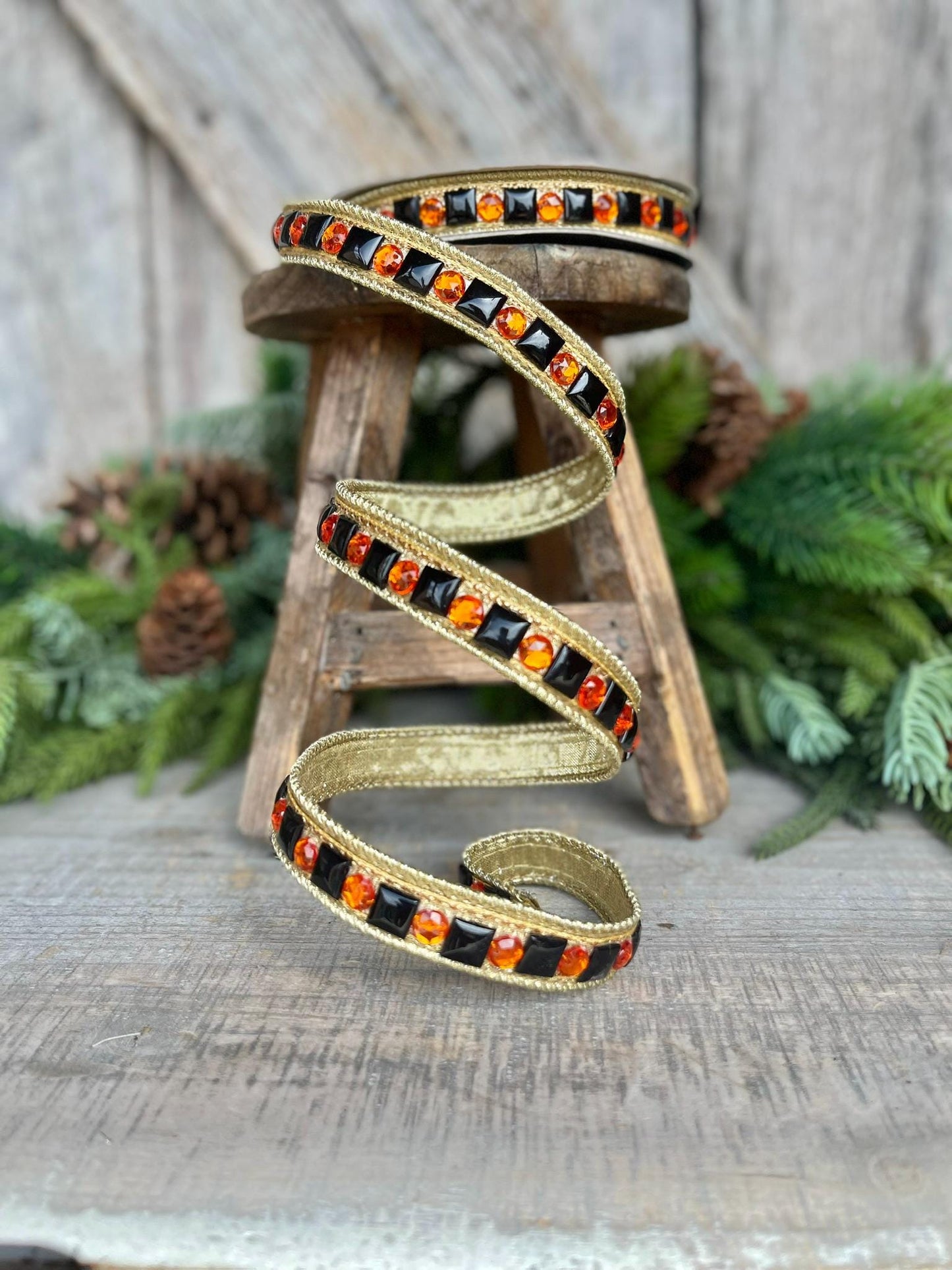 3/4" Halloween Garland Ribbon, Halloween Jeweled Ribbon, Orange Black Jeweled RIbbon