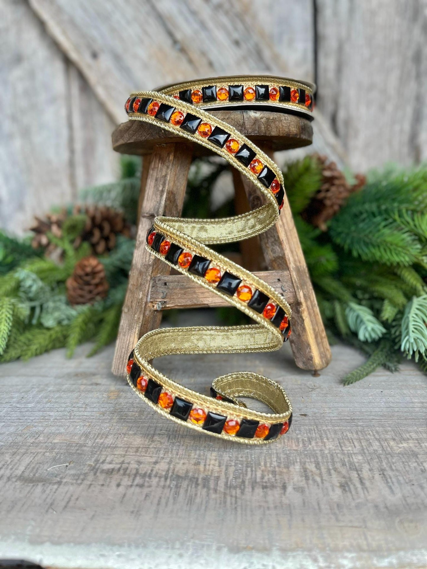 3/4" Halloween Garland Ribbon, Halloween Jeweled Ribbon, Orange Black Jeweled RIbbon