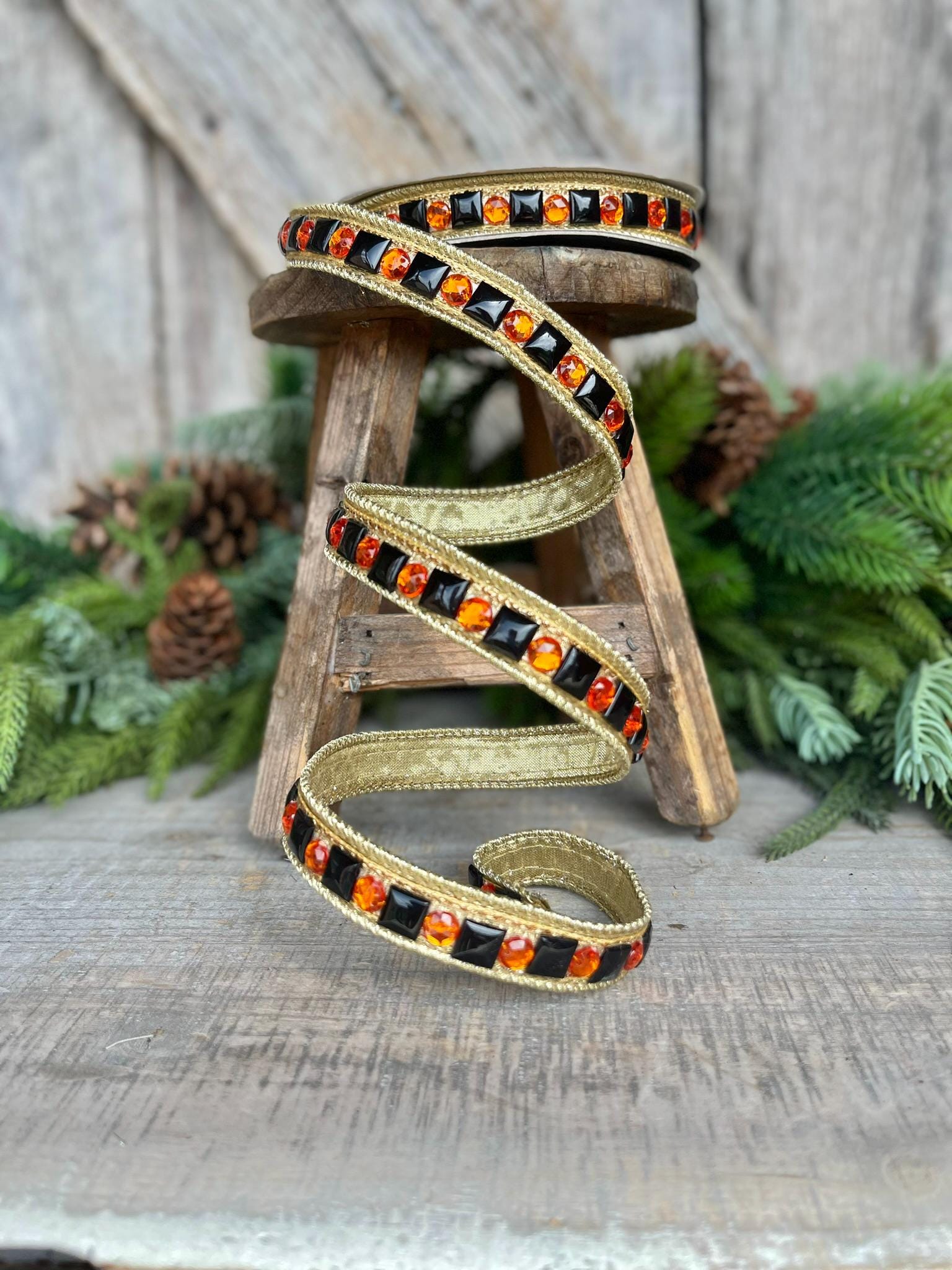 3/4" Halloween Garland Ribbon, Halloween Jeweled Ribbon, Orange Black Jeweled RIbbon