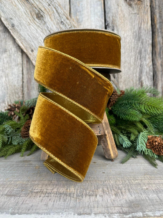 2.5" Antique Gold Wired Ribbon, Farrisilk Ribbon, Velvet Ribbon
