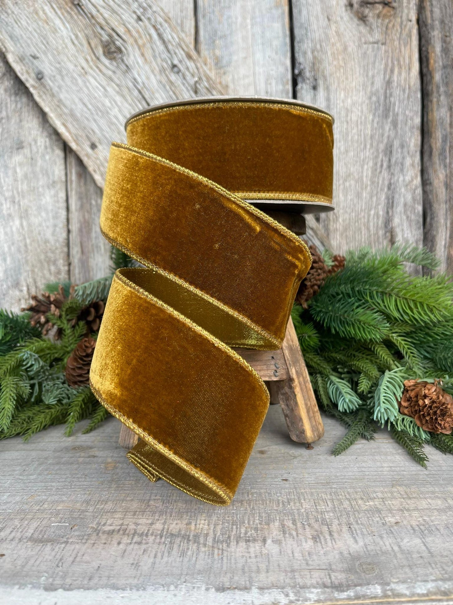 2.5" Antique Gold Wired Ribbon, Farrisilk Ribbon, Velvet Ribbon