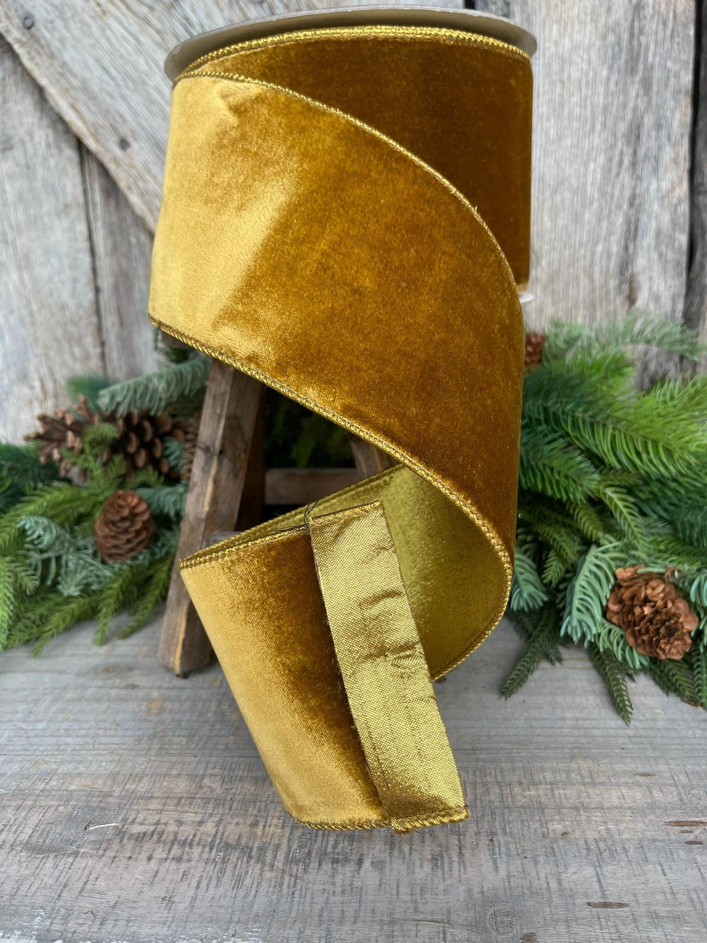 4" Antique Gold Wired Ribbon, Farrisilk Ribbon, Velvet Ribbon