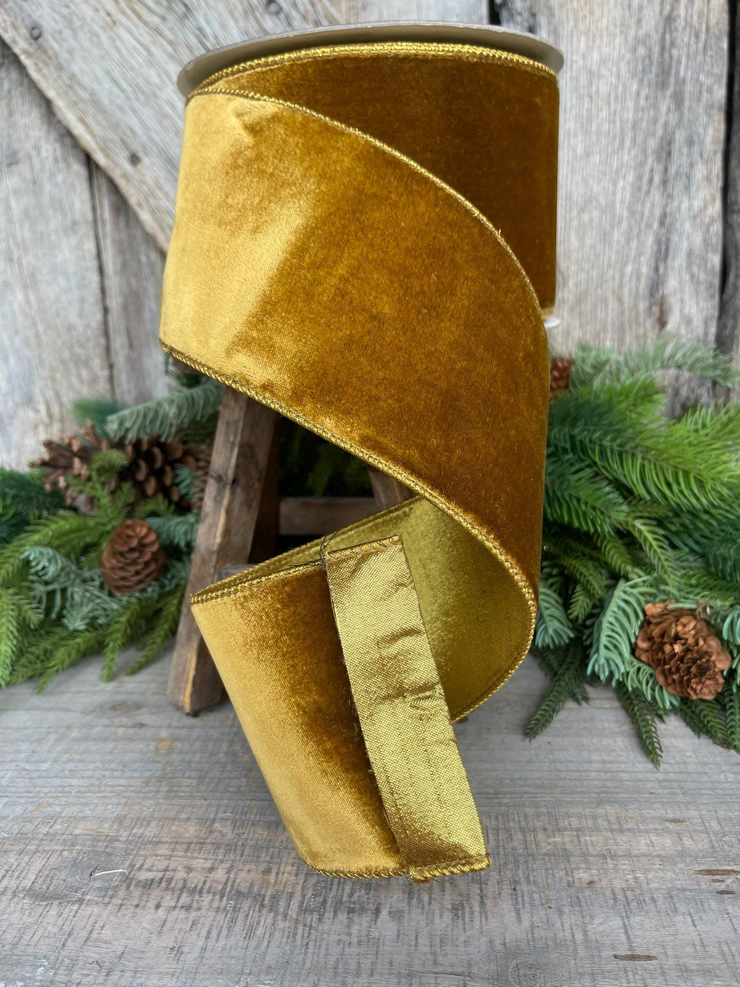 4" Antique Gold Wired Ribbon, Farrisilk Ribbon, Velvet Ribbon