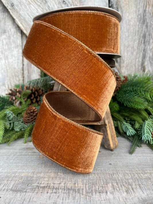 2.5” Pecan Brown Velvet Ribbon, Farrisilk ribbon, Velvet ribbon