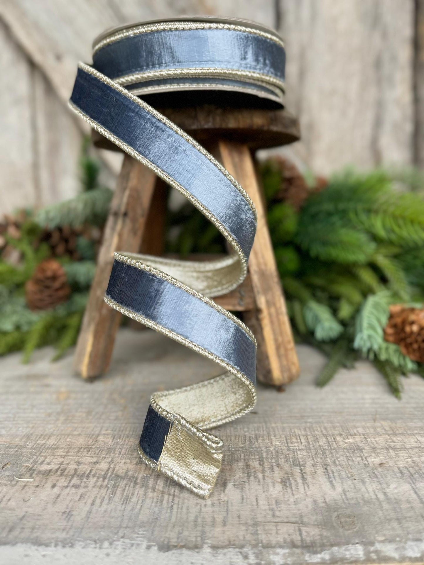 1" Steel Blue Satin Velvet Ribbon, Farrisilk Ribbon