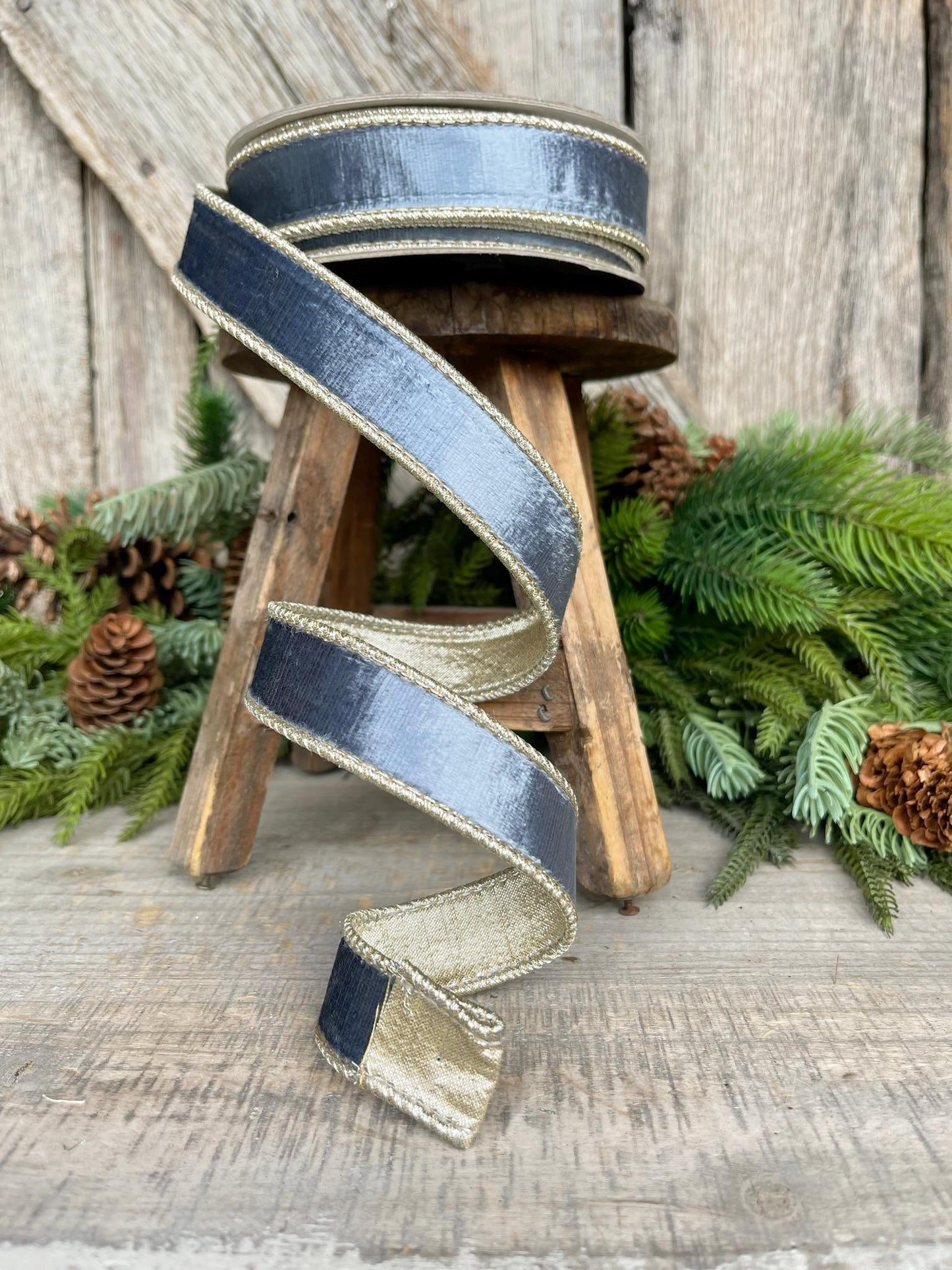 1" Steel Blue Satin Velvet Ribbon, Farrisilk Ribbon