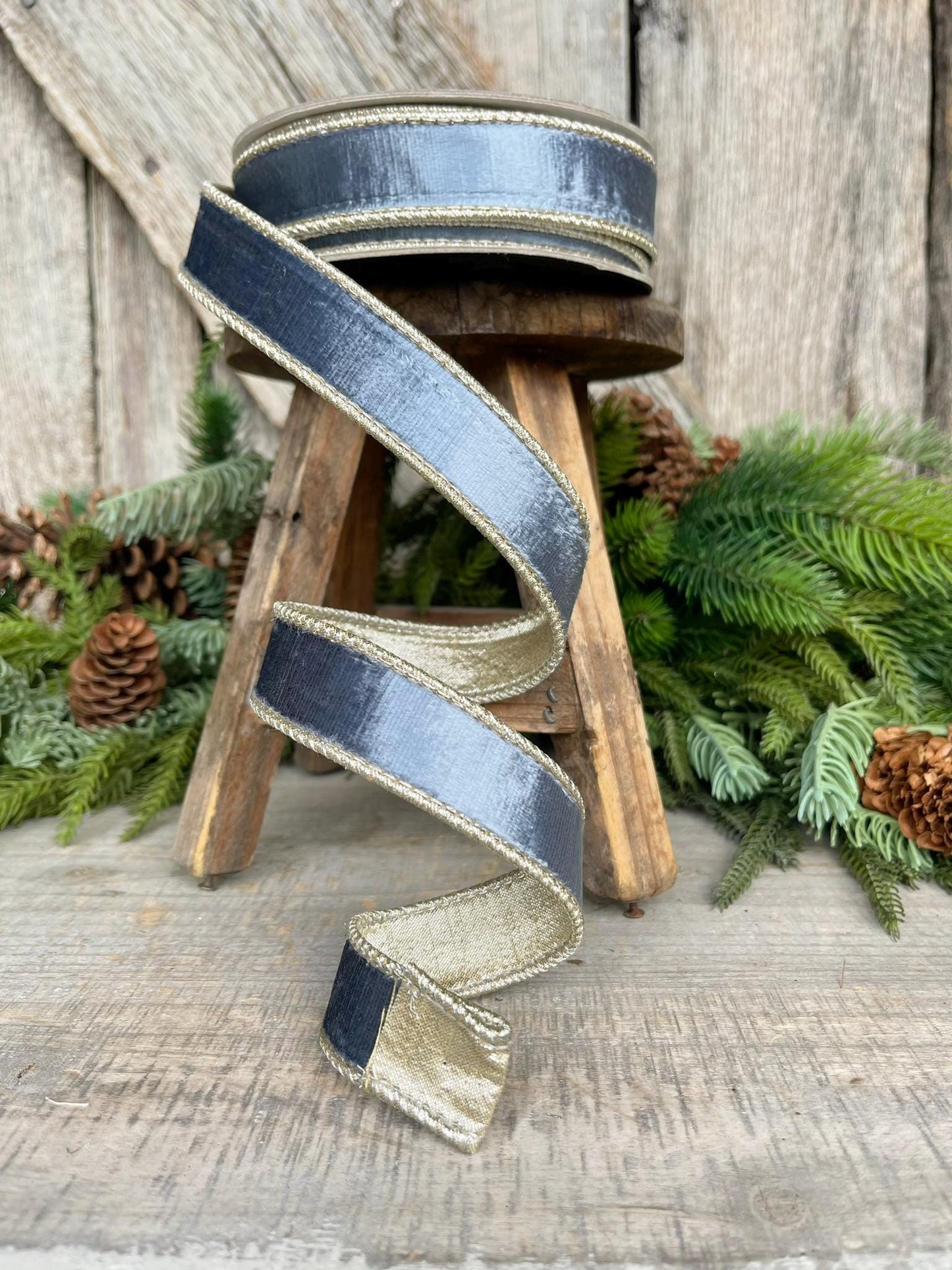 1" Steel Blue Satin Velvet Ribbon, Farrisilk Ribbon, Steel Blue Ribbon