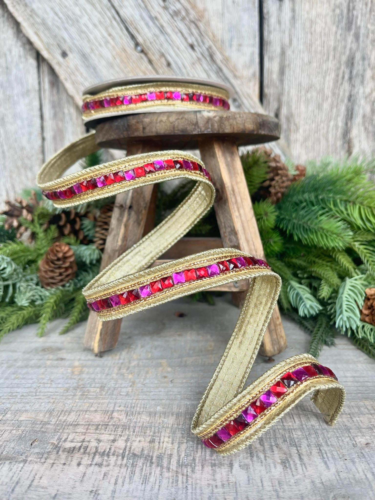 3/4" Hot Pink Red Jeweled Ribbon, Farrisilk Ribbon, Red and Pink Jewelry Garland