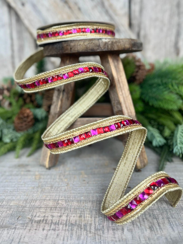 3/4" Hot Pink Red Jeweled Ribbon, Farrisilk Ribbon, Red and Pink Jewelry Garland