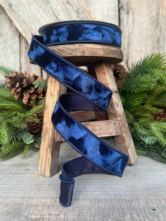 1" Navy Blue Velvet Ribbon, Silken Velvet Ribbon, Farrisilk Wired Velvet Ribbon