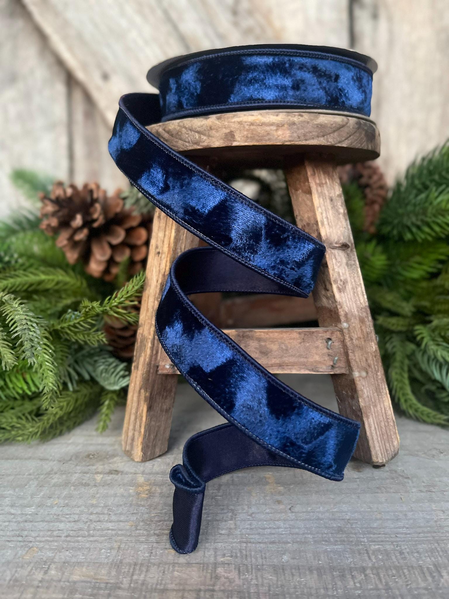 1" Navy Blue Velvet Ribbon, Silken Velvet Ribbon, Farrisilk Wired Velvet Ribbon