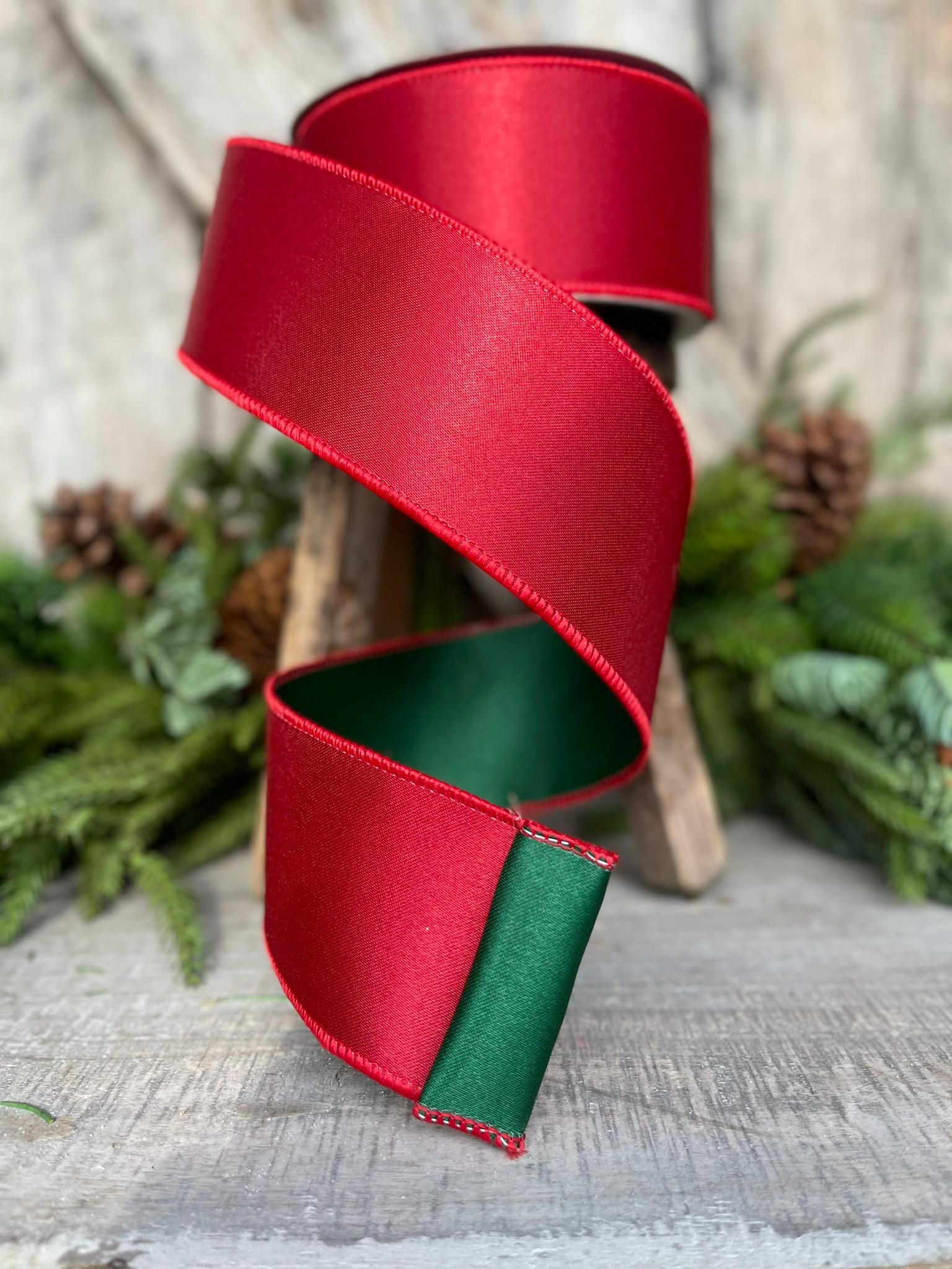 2.5 Red Green Satin Duo Ribbon, Farrisilk Ribbon