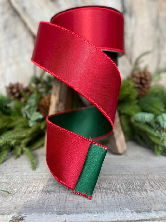 2.5 Red Green Satin Duo Ribbon, Farrisilk Ribbon