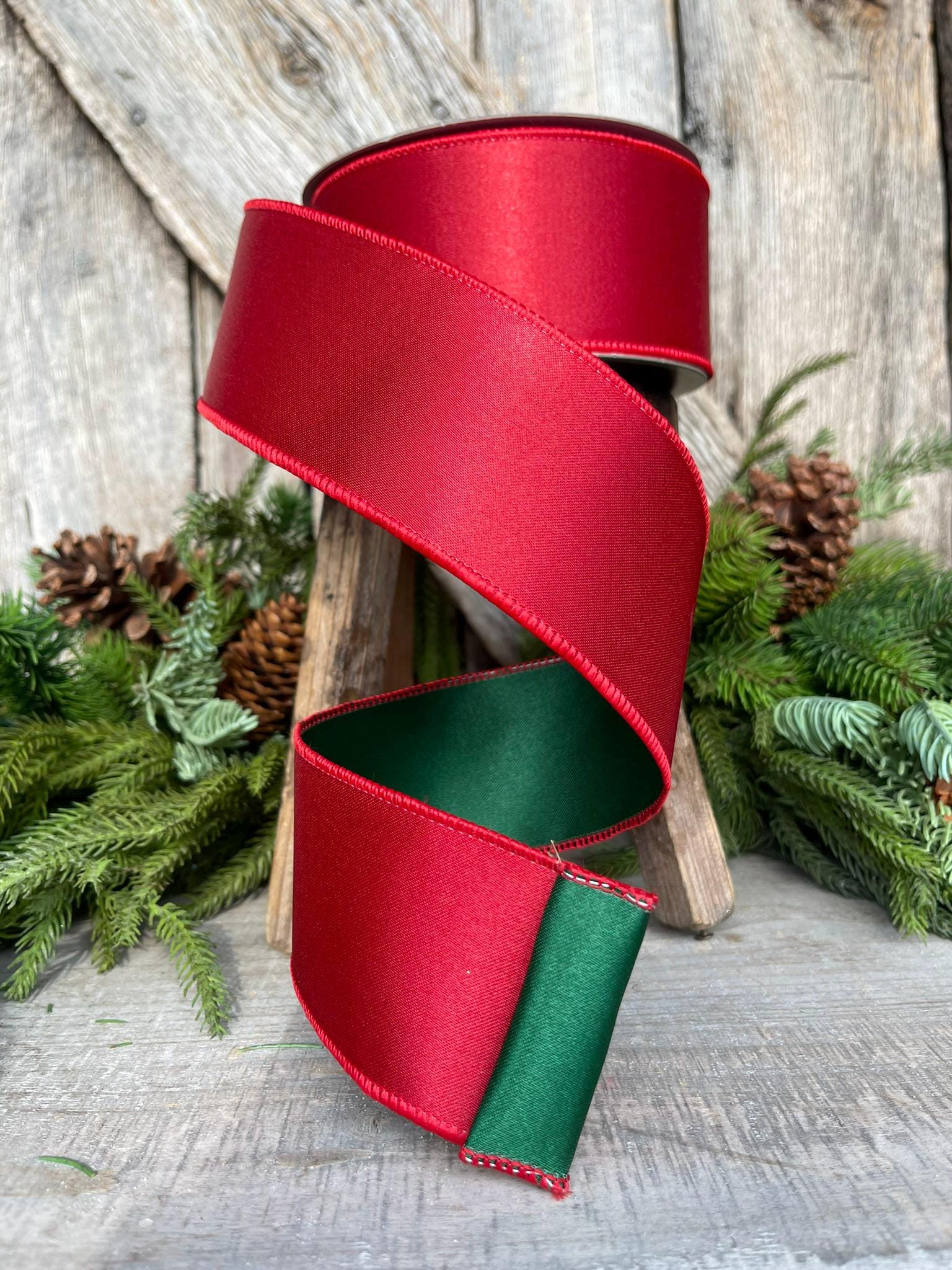 2.5 Red Green Satin Duo Ribbon, Farrisilk Ribbon