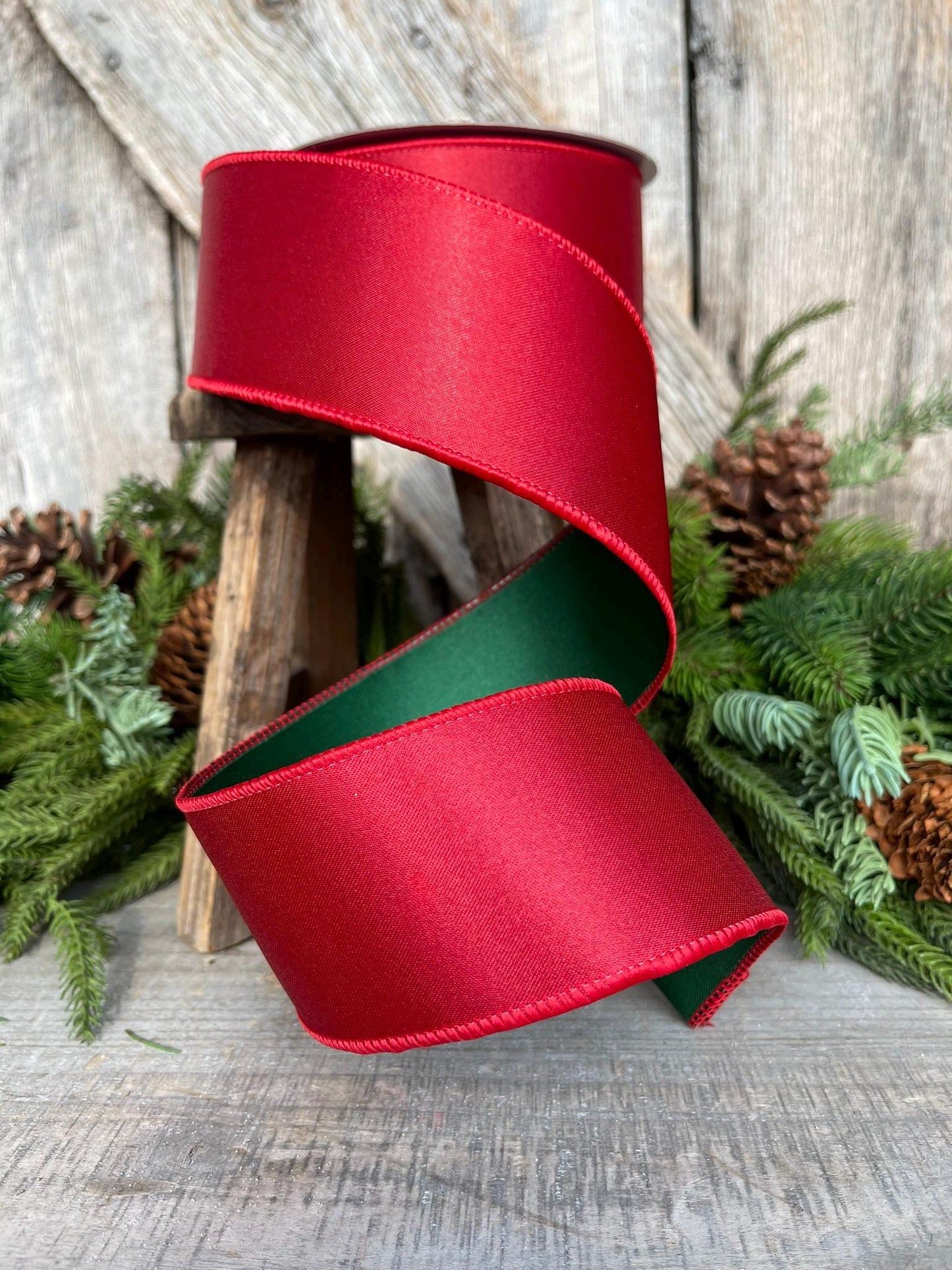 2.5 Red Green Satin Duo Ribbon, Farrisilk Ribbon
