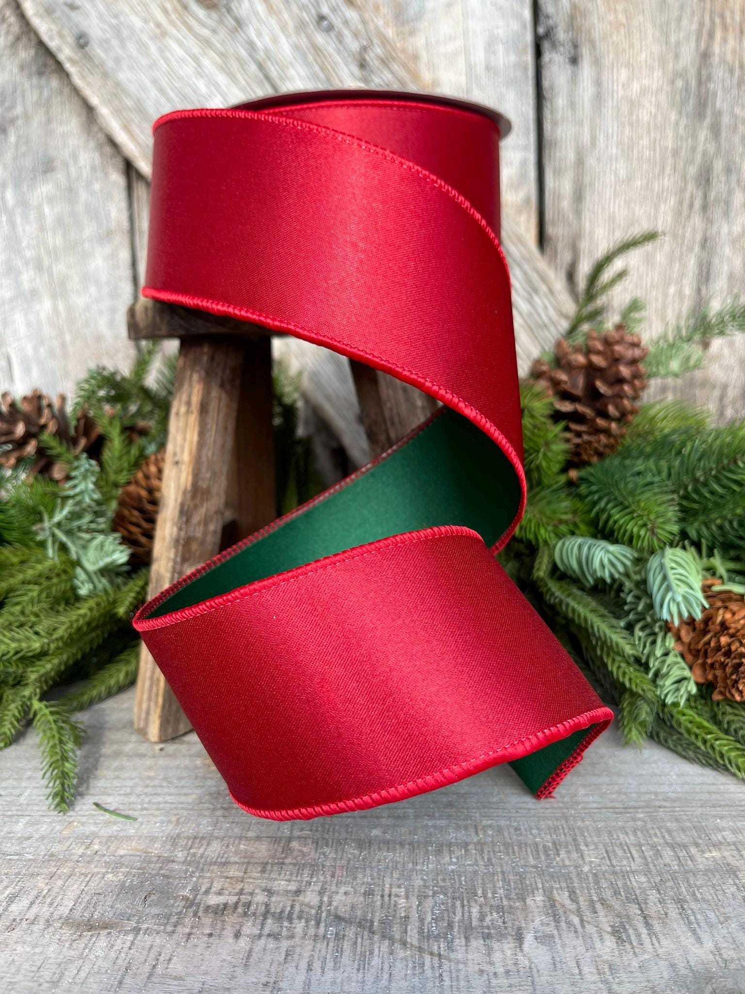 2.5 Red Green Satin Duo Ribbon, Farrisilk Ribbon