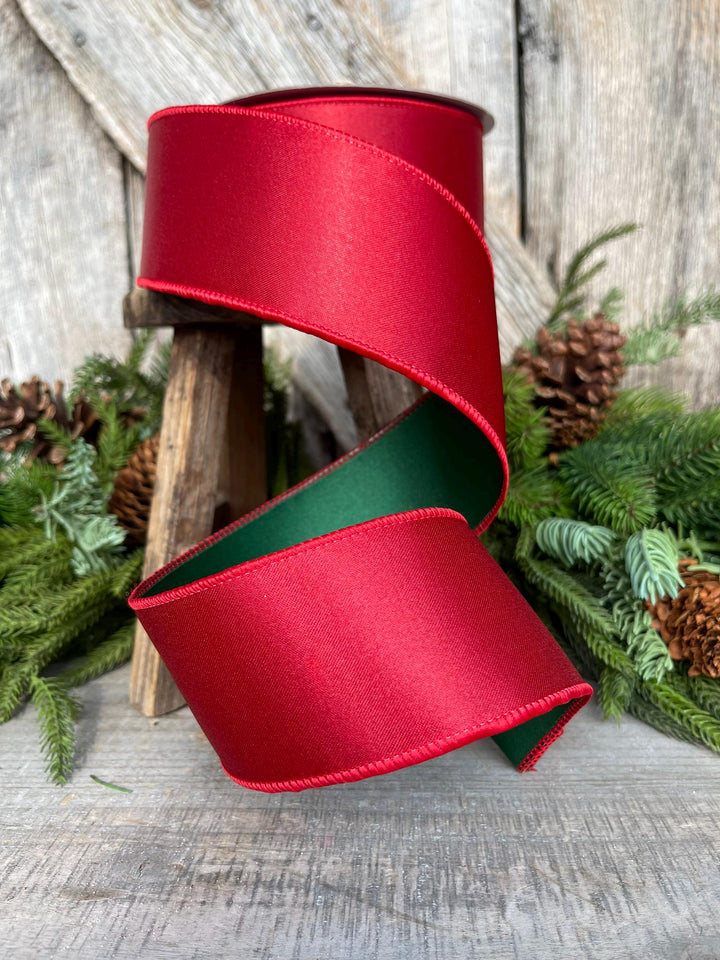 2.5 Red Green Satin Duo Ribbon, Farrisilk Ribbon, Christmas Ribbon