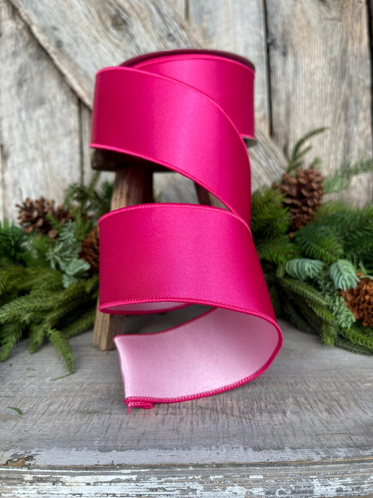 2.5" Hot Pink Light Pink Wired Satin Ribbon, Farrisilk Ribbon, Duo Satin Ribbon