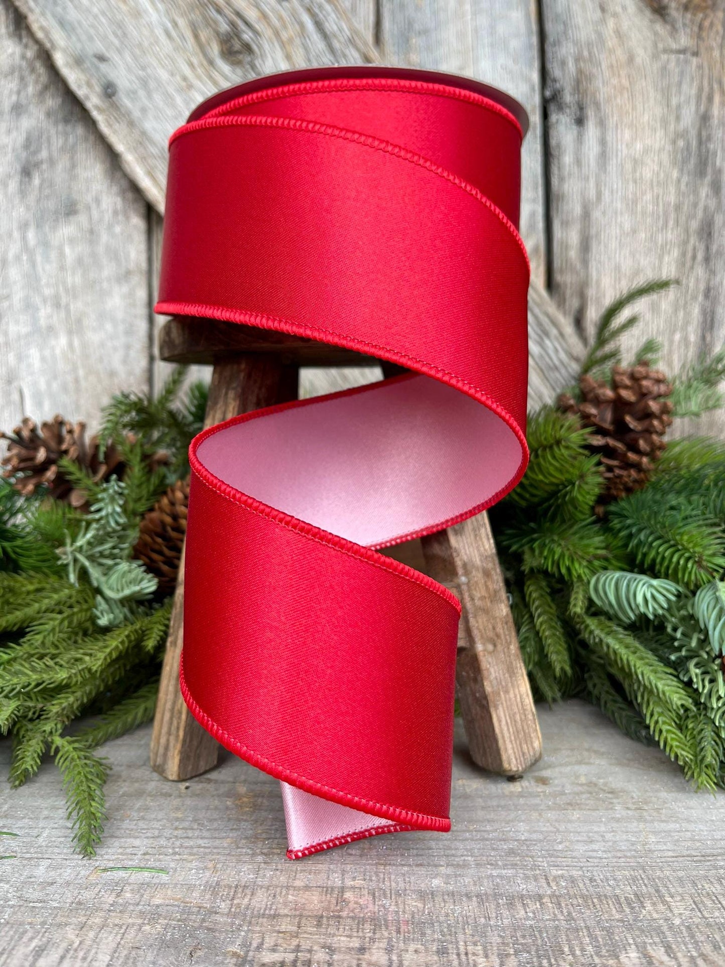2.5 Red Pink Satin Duo Ribbon, Farrisilk Ribbon, Christmas Ribbon