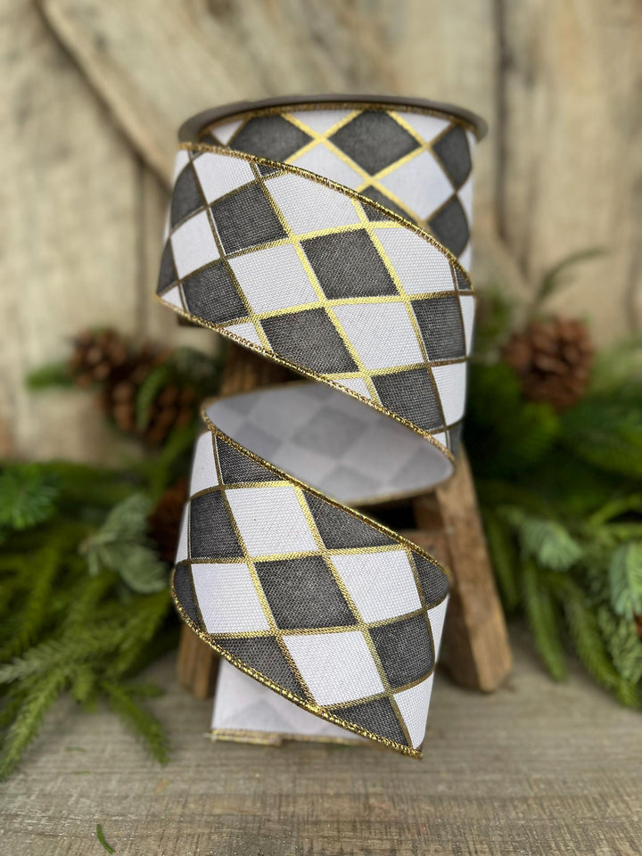 2.5" Black White Antique Diamonds Ribbon, Farrisilk Ribbon, Harlequin Ribbon