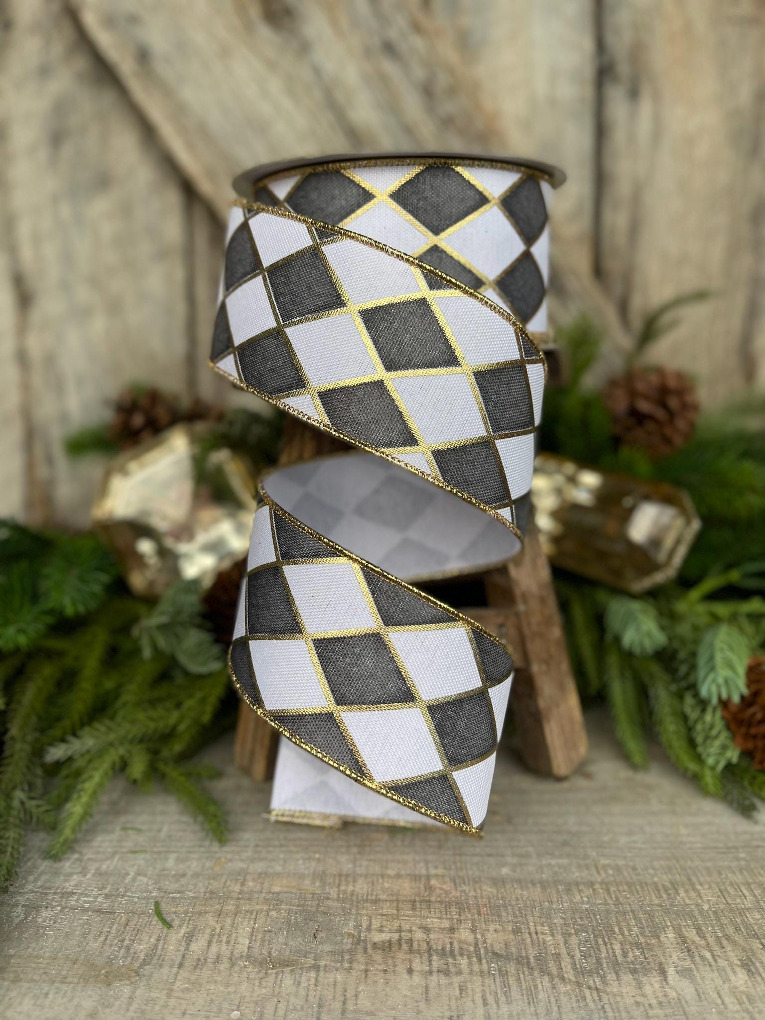 2.5" Black White Antique Diamonds Ribbon, Farrisilk Ribbon, Harlequin Ribbon