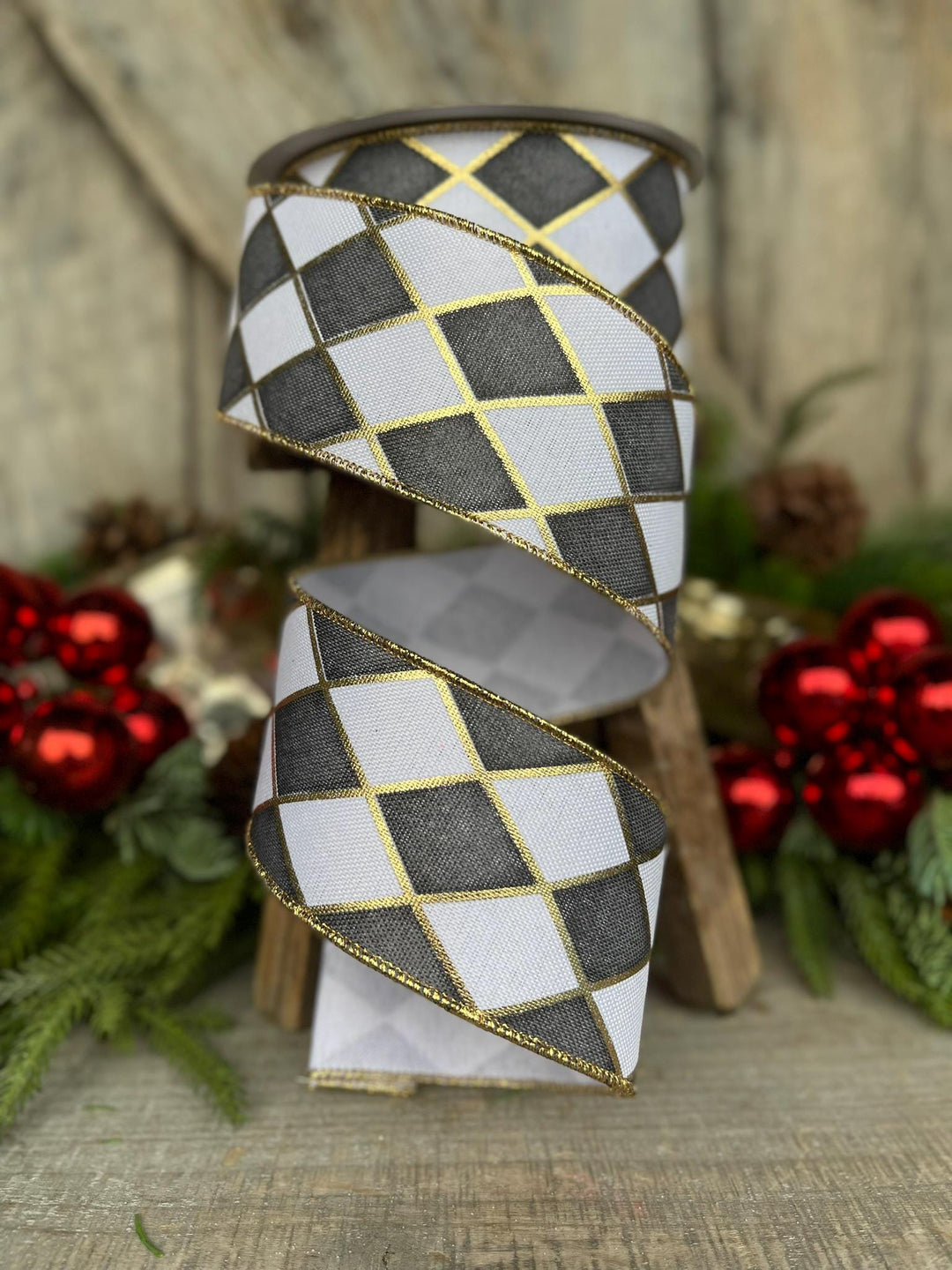 2.5" Black White Antique Diamonds Ribbon, Farrisilk Ribbon