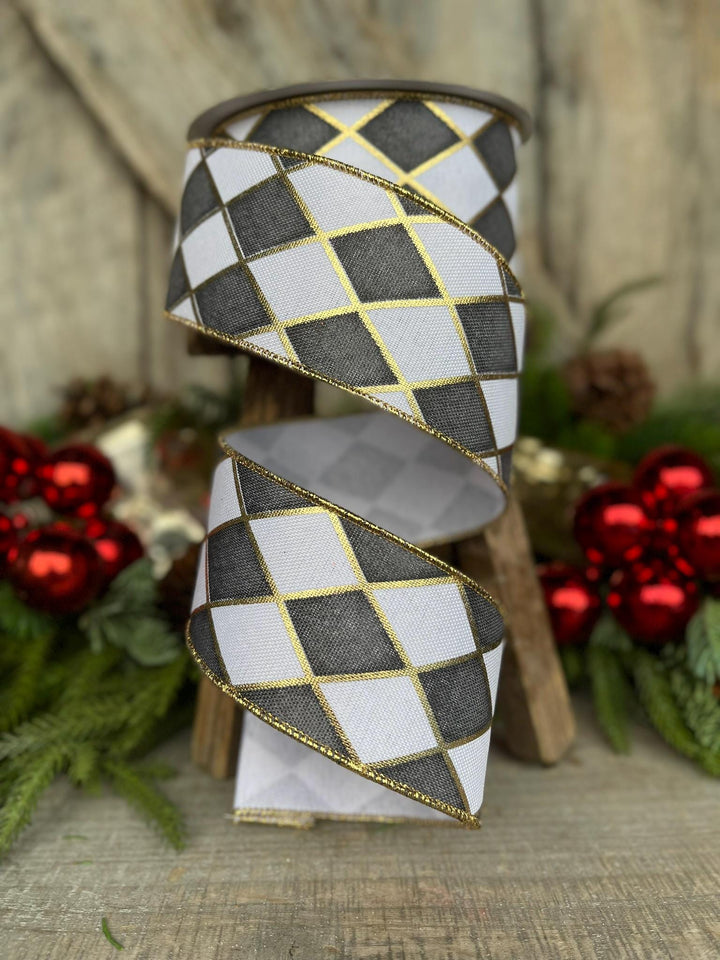 2.5" Black White Antique Diamonds Ribbon, Farrisilk Ribbon
