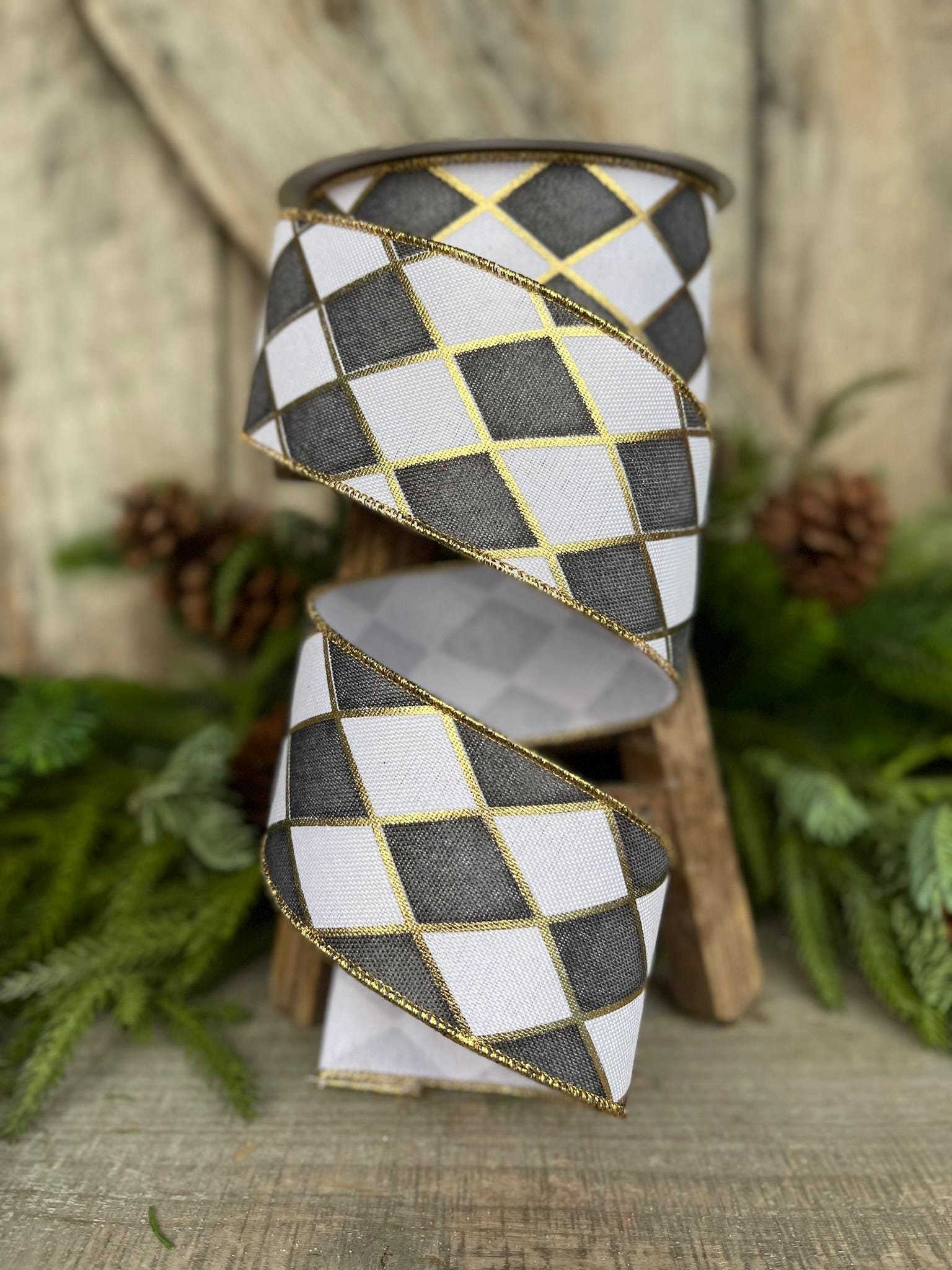 2.5" Black White Antique Diamonds Ribbon, Farrisilk Ribbon, Harlequin Ribbon