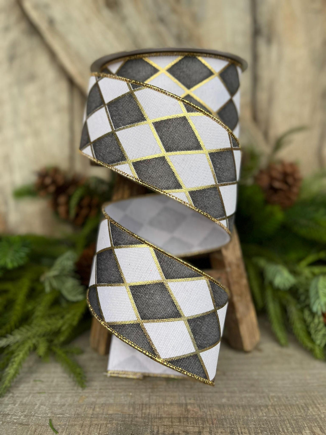 2.5" Black White Antique Diamonds Ribbon, Farrisilk Ribbon, Harlequin Ribbon