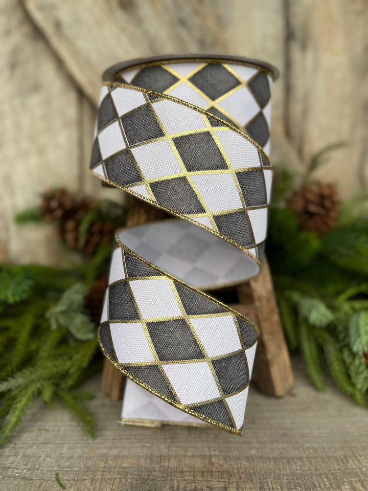 2.5" Black White Antique Diamonds Ribbon, Farrisilk Ribbon, Harlequin Ribbon