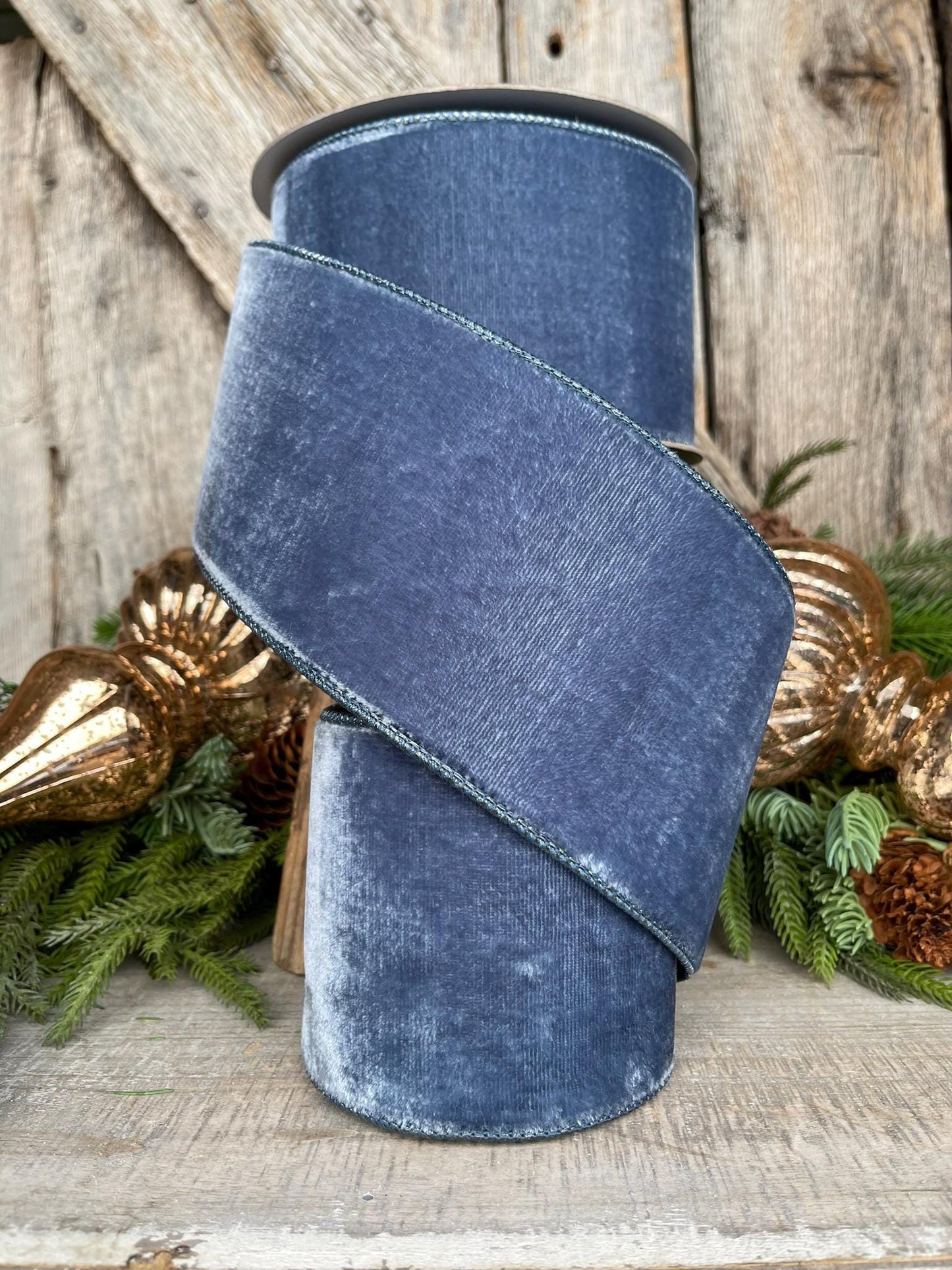 4” Steel Blue Velvet Ribbon, Velvet ribbon, Christmas Ribbon