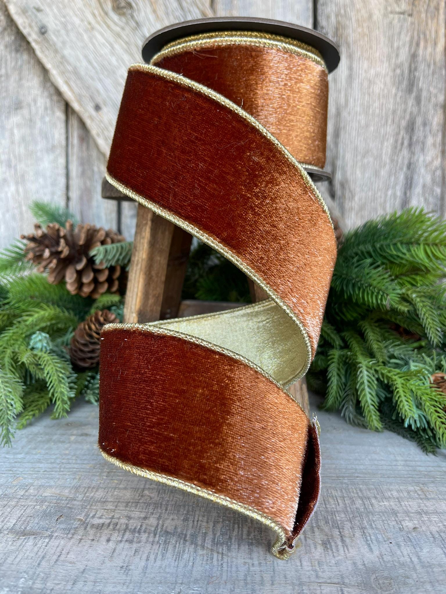 2.5” Bronze Wired Velvet Ribbon, 5 yards, Wired ribbon