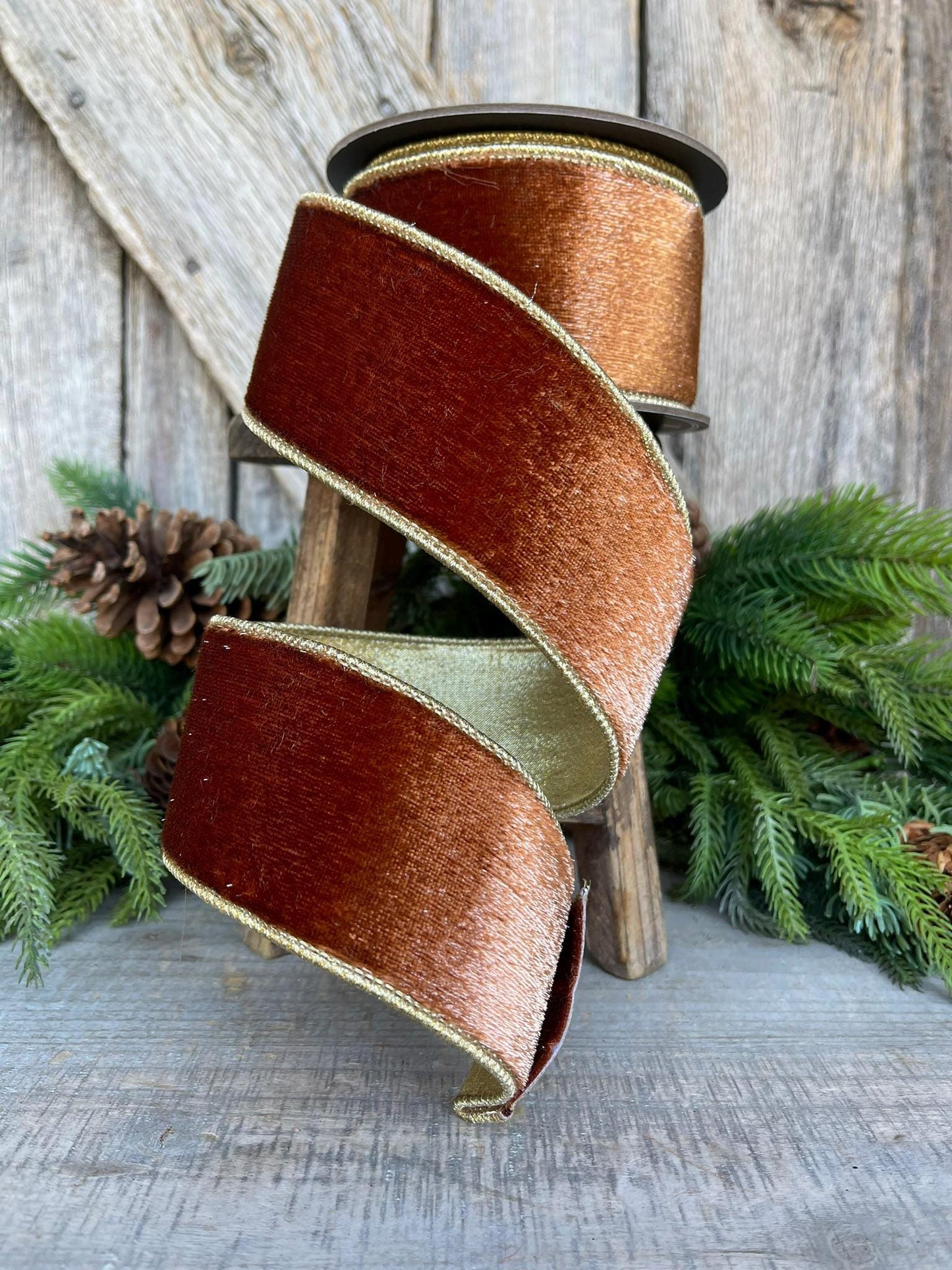 2.5” Bronze Wired Velvet Ribbon, 5 yards, Wired ribbon