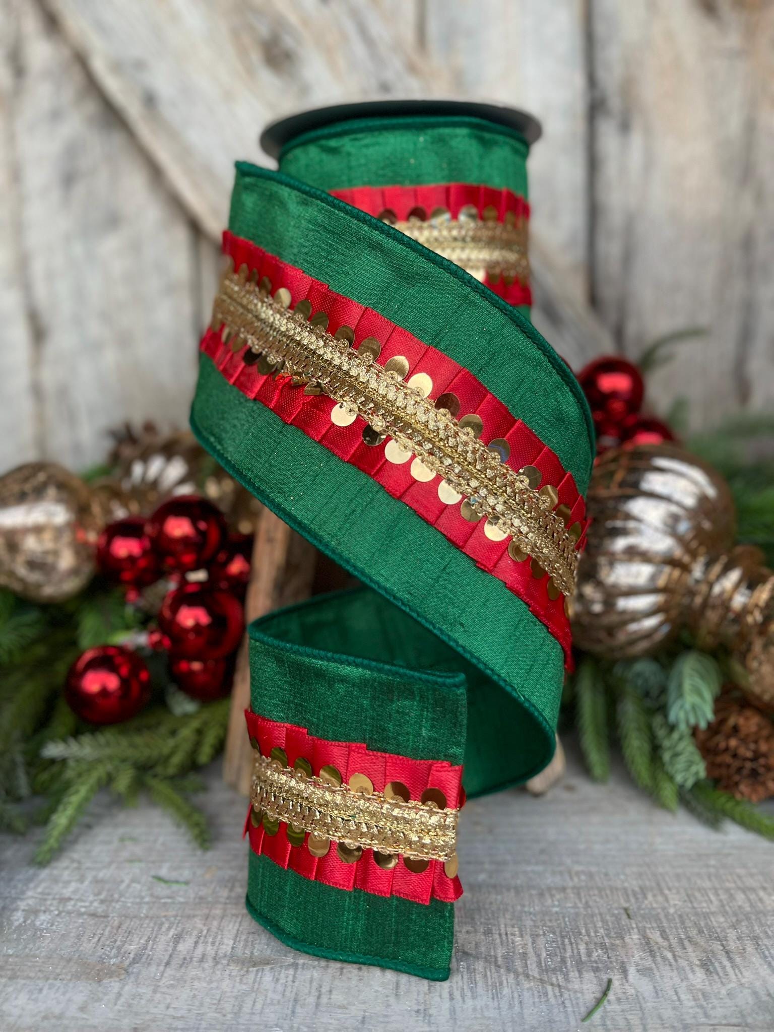 4" Red Green Nutcracker Frills, Farrisilk RIbbon, Wired RIbbon