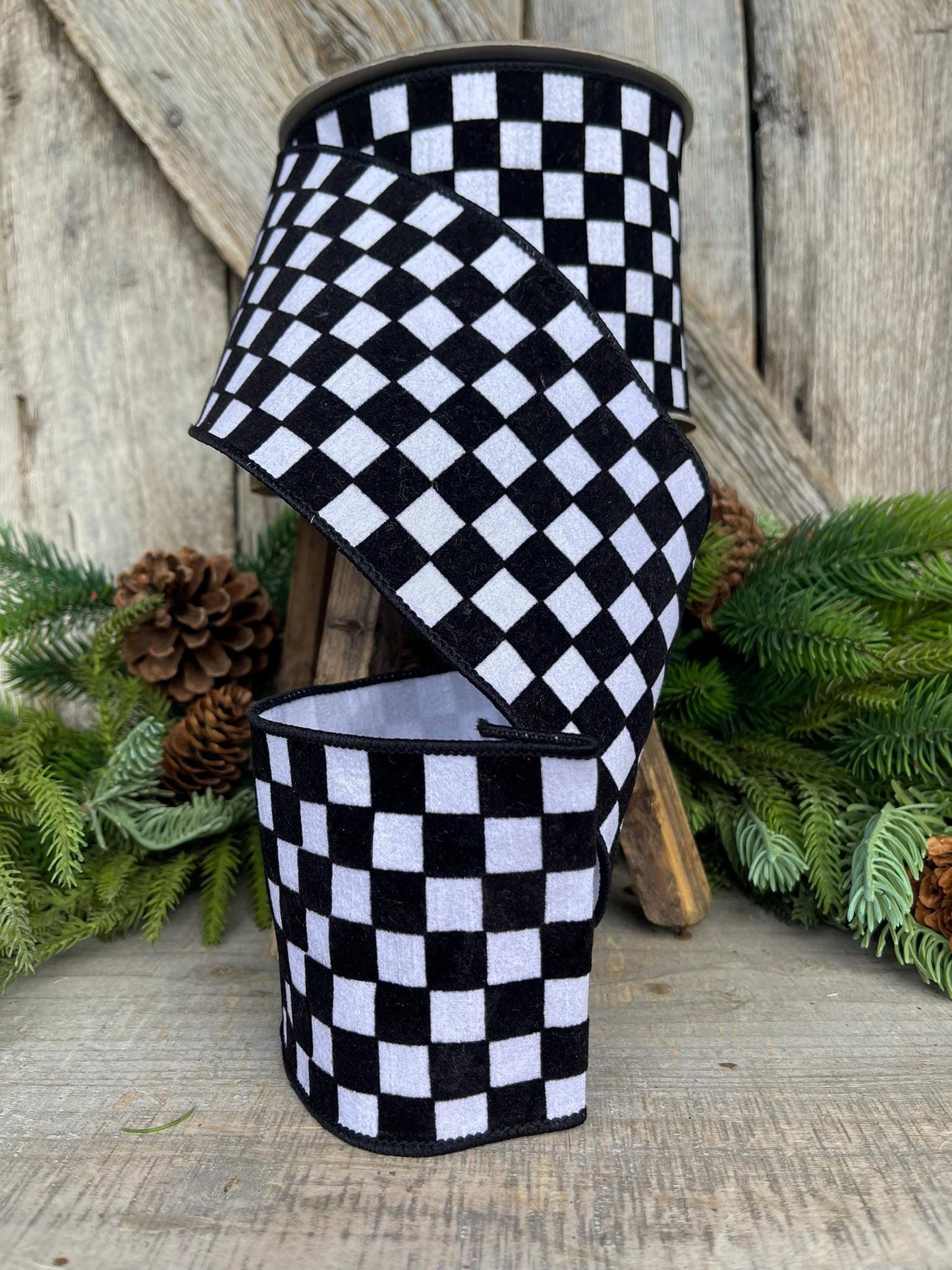 4" Black and White Retro Checks Ribbon, Farrisilk Ribbon, Flocked Ribbon,Halloween Ribbon