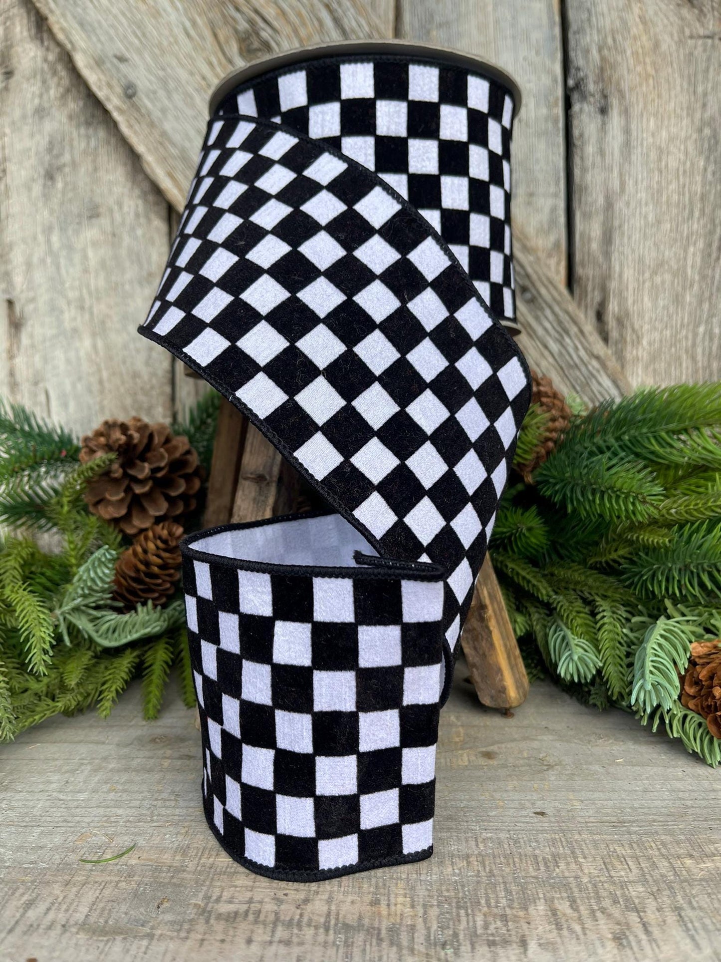 4" Black and White Retro Checks Ribbon, Farrisilk Ribbon, Flocked Ribbon,Halloween Ribbon