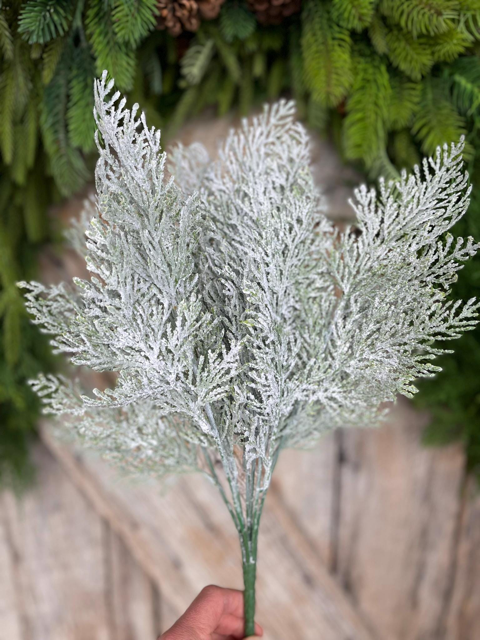 18" Frosted Cypress Pine Bush, Frosted Pine Bush, Artificial pine spray