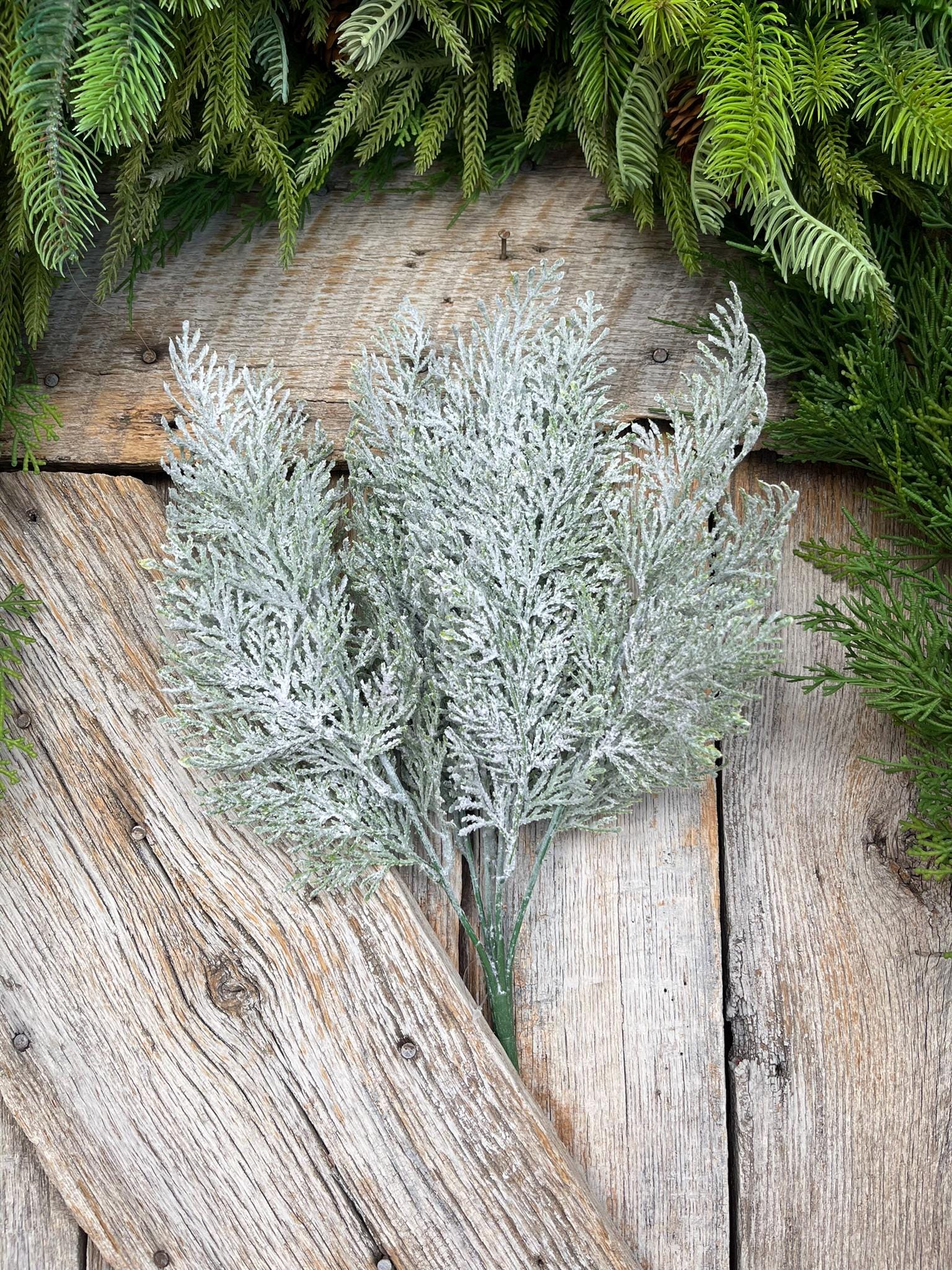 18" Frosted Cypress Pine Bush, Frosted Pine Bush, Artificial pine spray