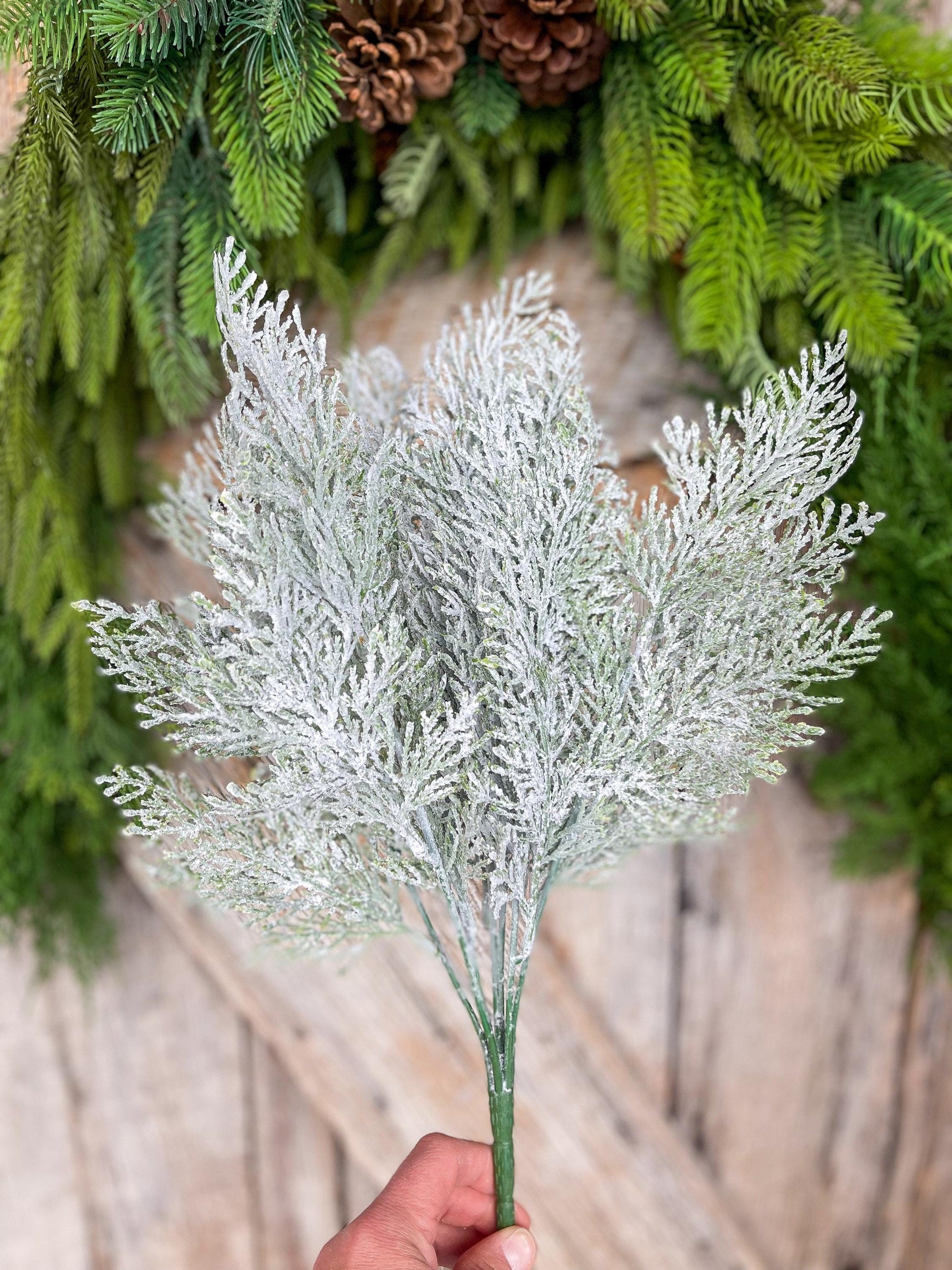 18" Frosted Cypress Pine Bush, Frosted Pine Bush, Artificial pine spray