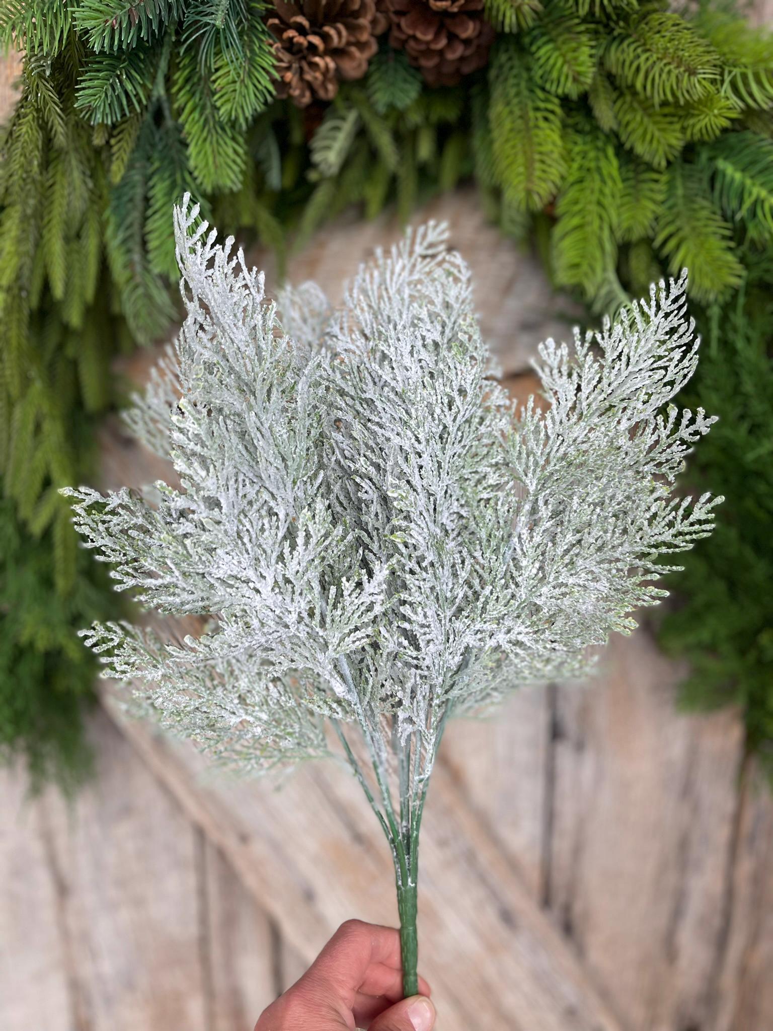 18" Frosted Cypress Pine Bush, Frosted Pine Bush, Artificial pine spray