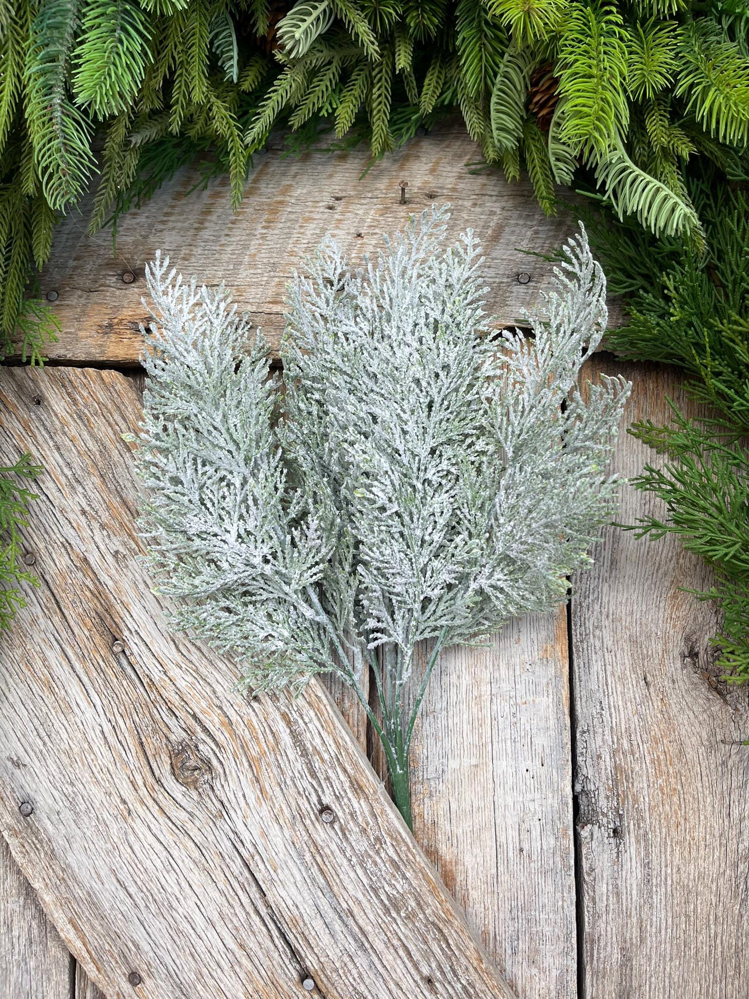 18" Frosted Cypress Pine Bush, Frosted Pine Bush, Artificial pine spray
