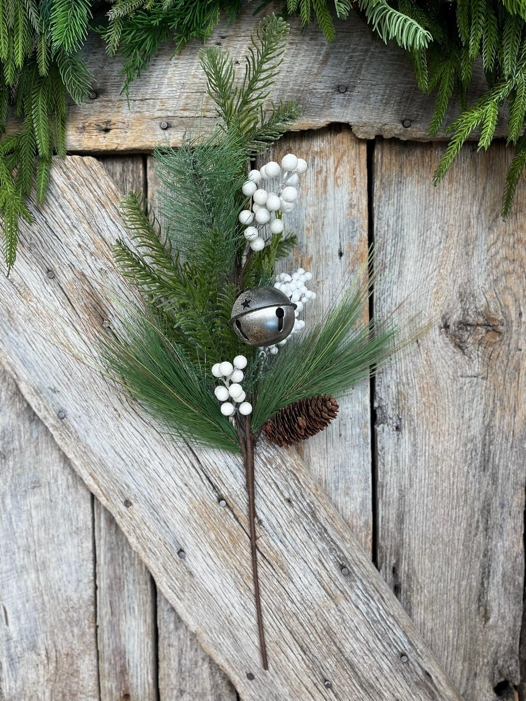 26" Pine Berry Bell Spray, Artificial Pine Spray, White Berry Spray