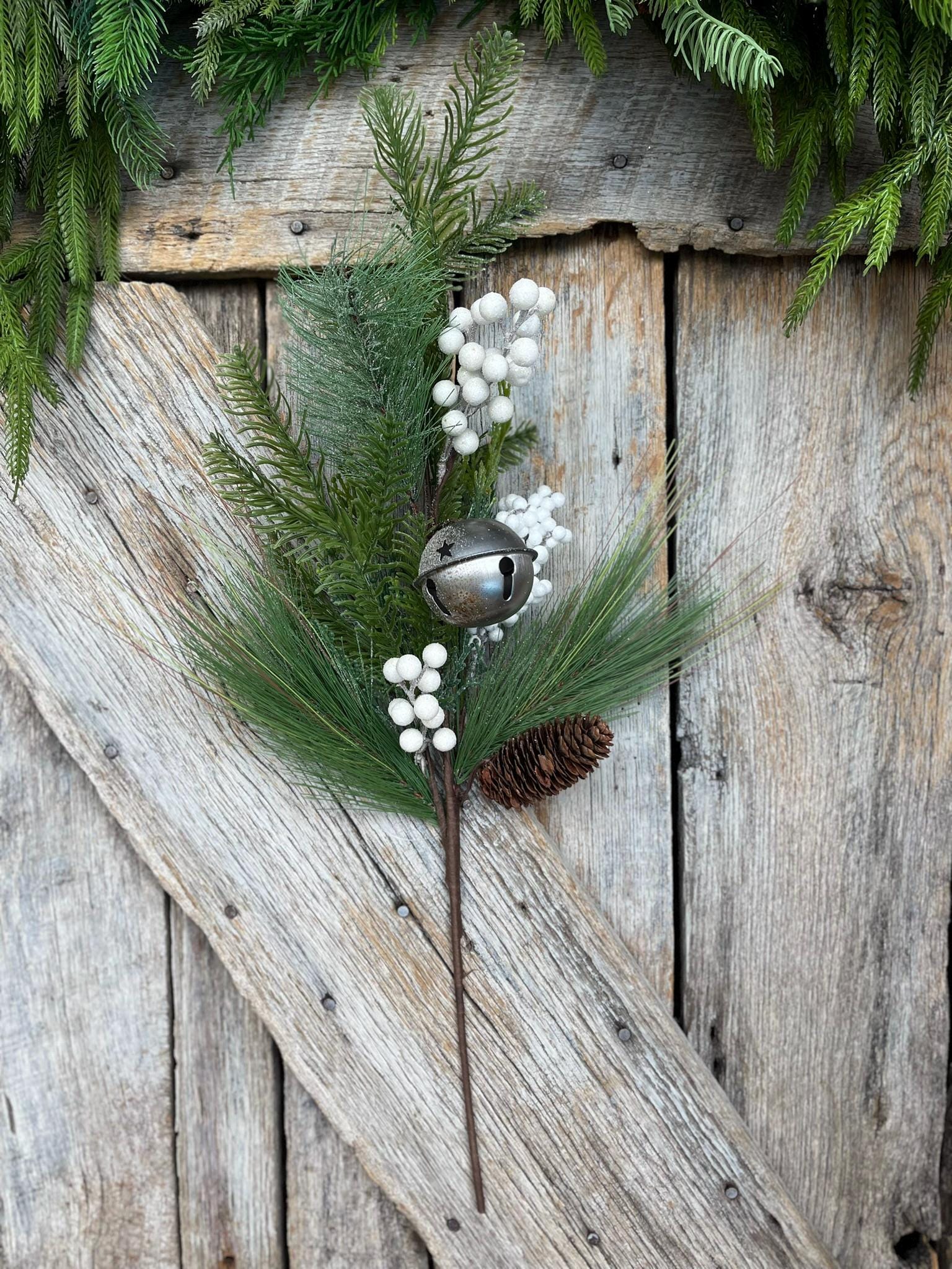 26" Pine Berry Bell Spray, Artificial Pine Spray, White Berry Spray