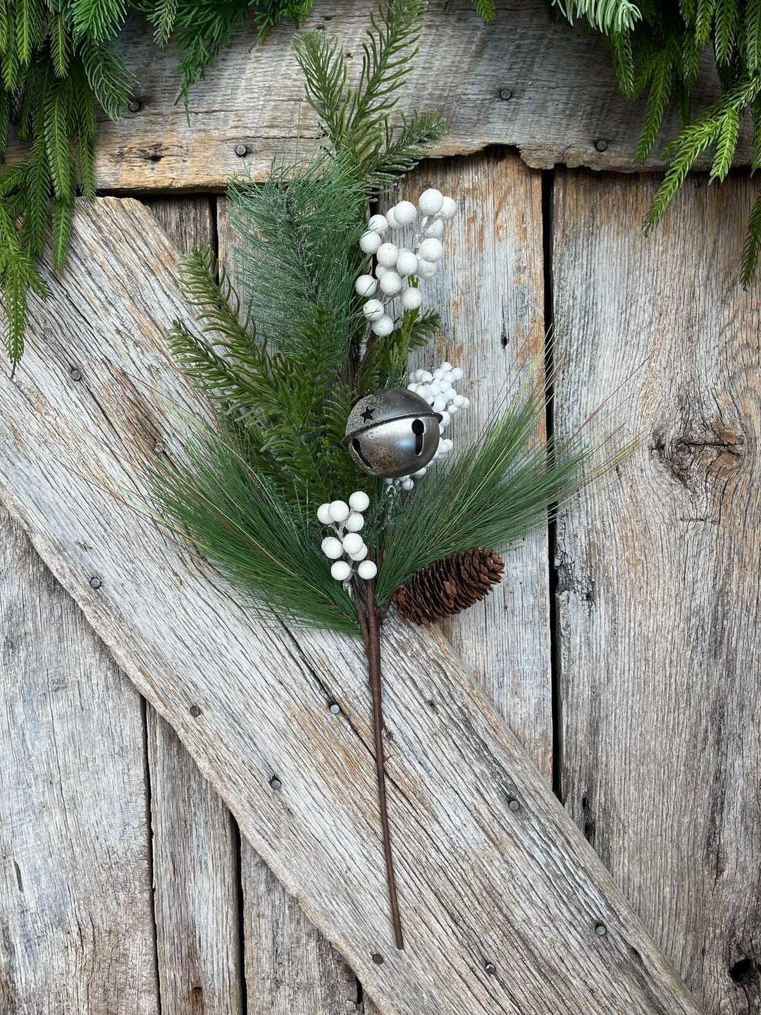 26" Pine Berry Bell Spray, Artificial Pine Spray, White Berry Spray
