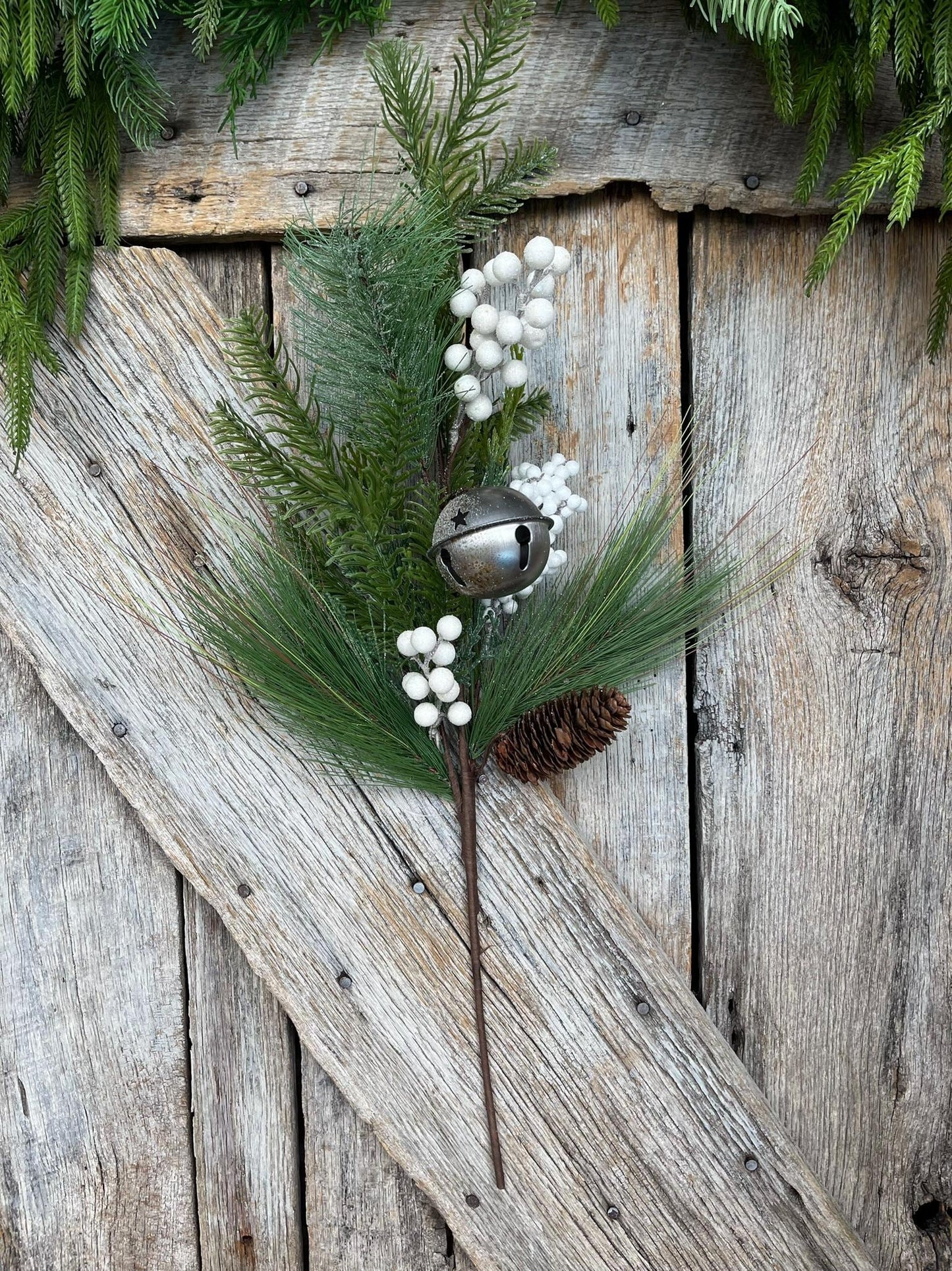 26" Pine Berry Bell Spray, Artificial Pine Spray, White Berry Spray