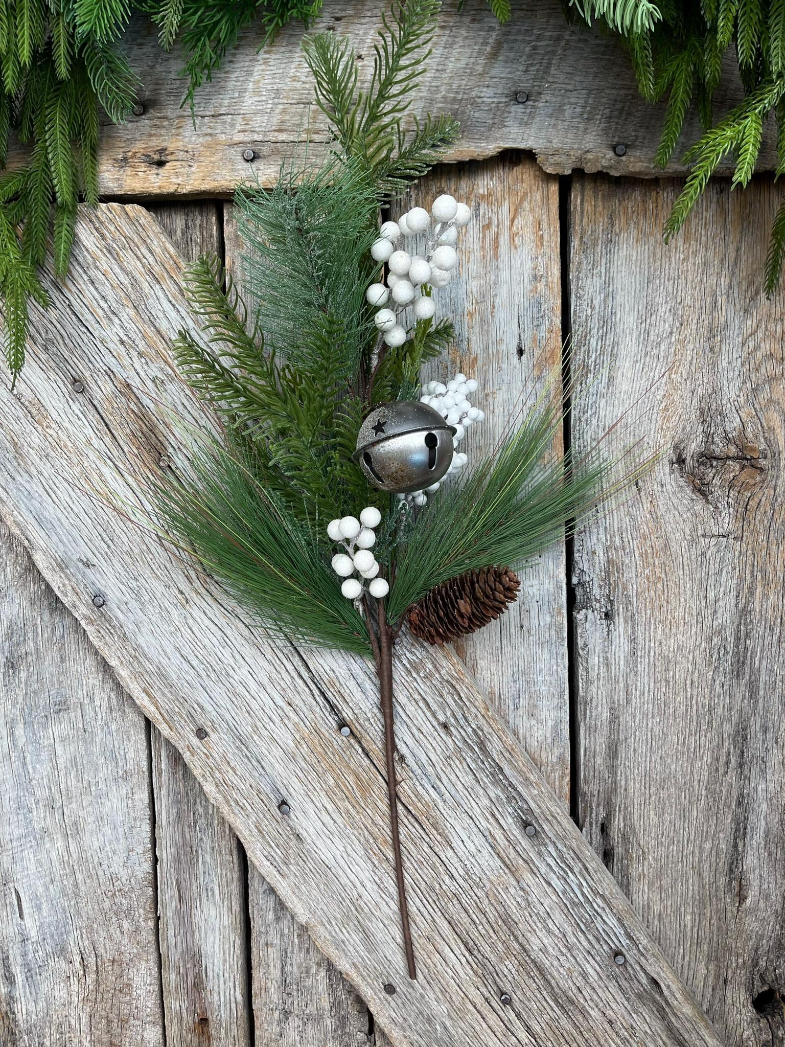 26" Pine Berry Bell Spray, Artificial Pine Spray, White Berry Spray