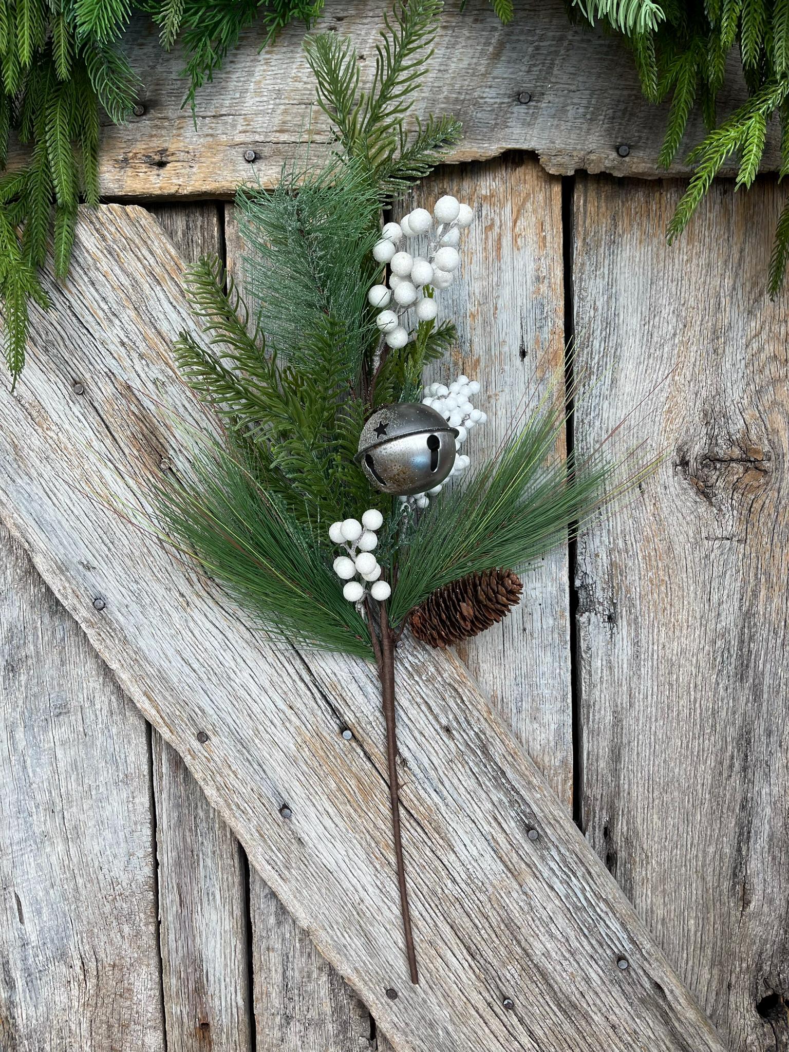 26" Pine Berry Bell Spray, Artificial Pine Spray, White Berry Spray