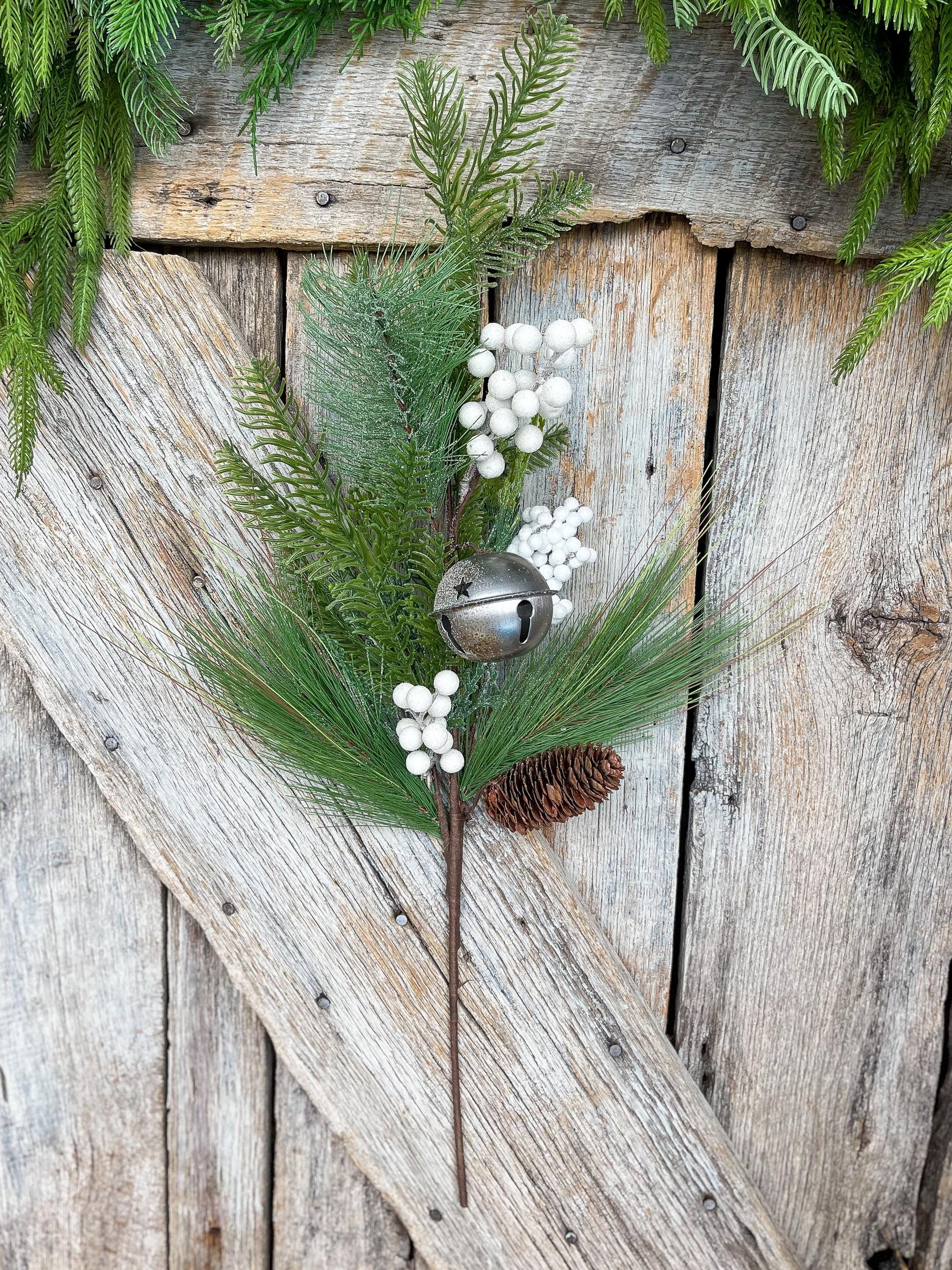 26" Pine Berry Bell Spray, Artificial Pine Spray, White Berry Spray
